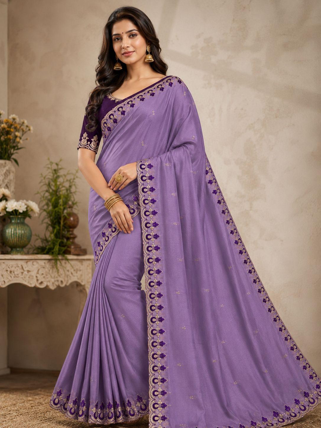 Kalash Premium Star Georgette Embroidered Saree with Designer Border & Running Blouse