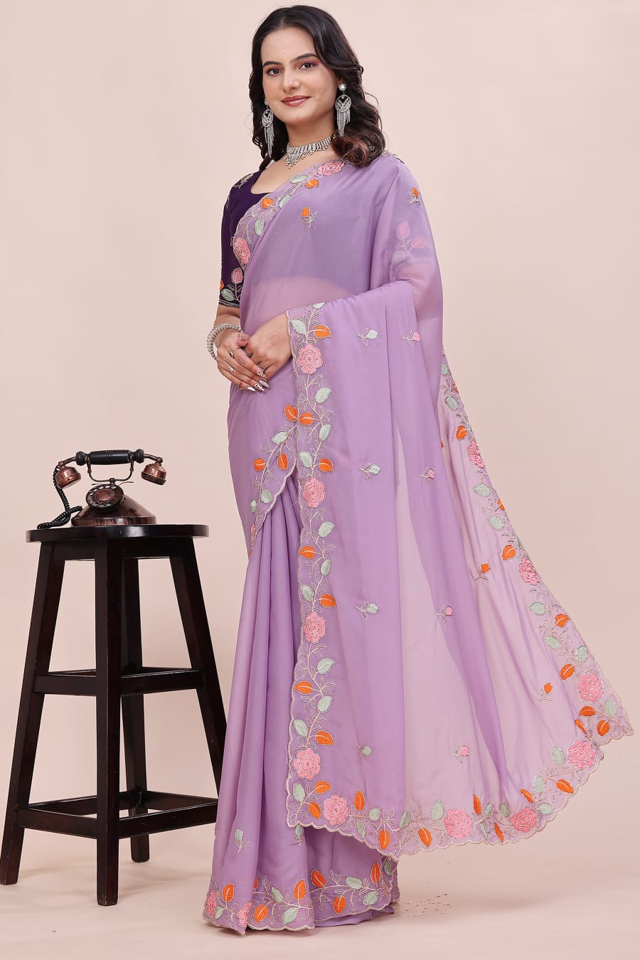 Rose Petal Embroidered Star Georgette Saree with Beads Work Border