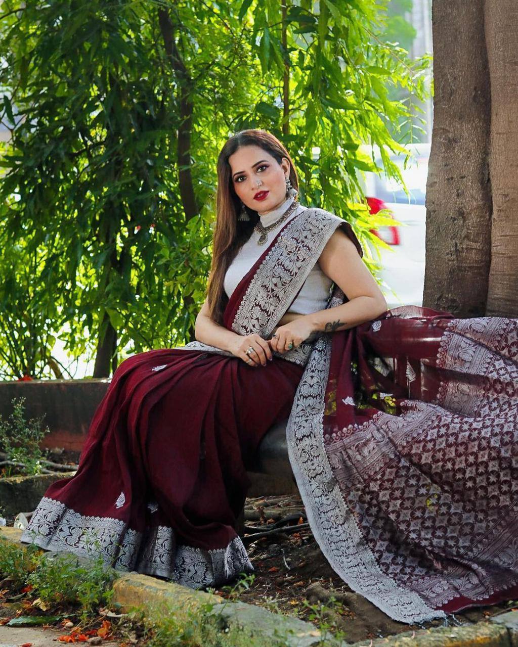 Maroon Banarasi Silk Saree with Silver Zari Border