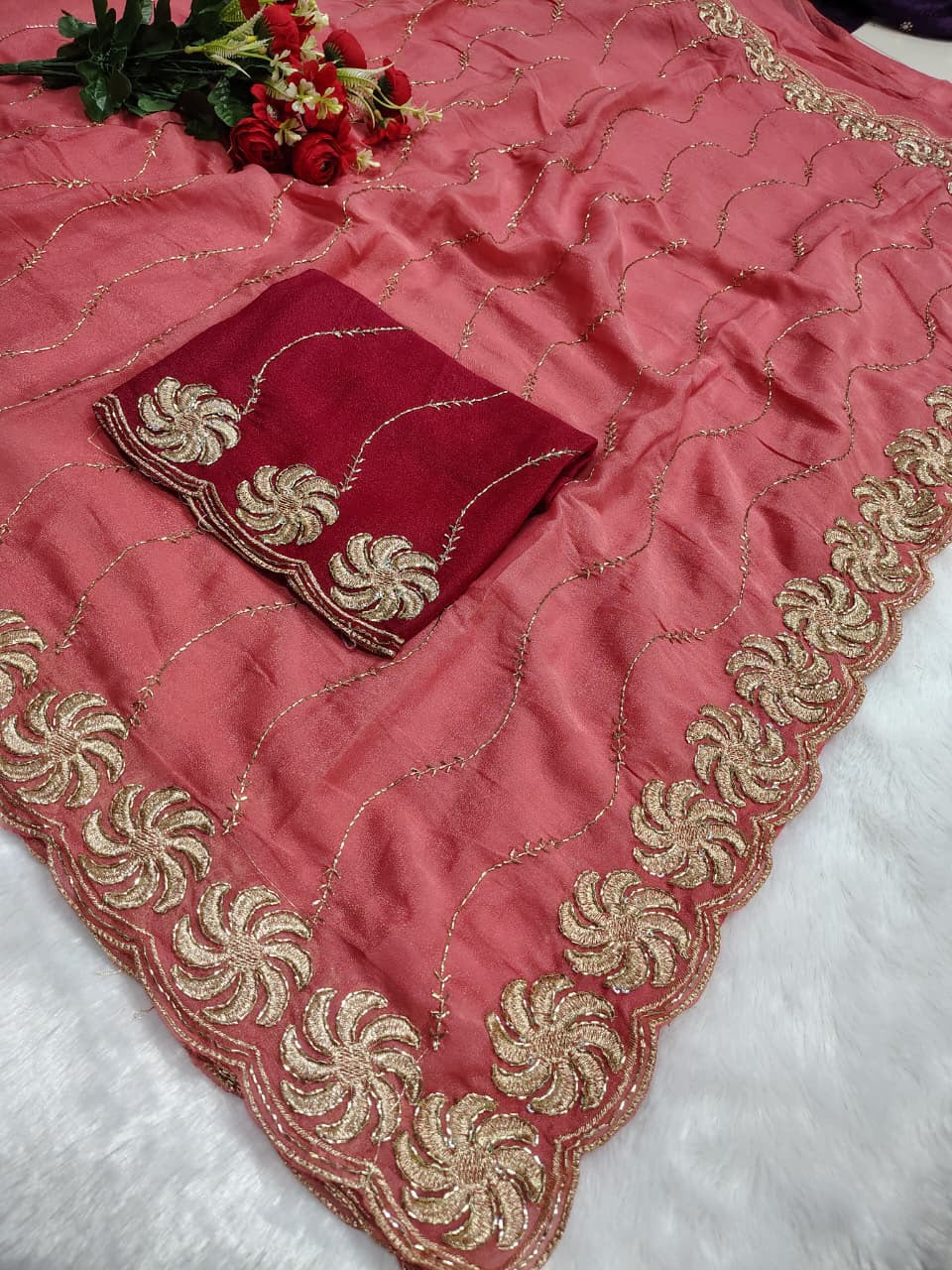 Ring Star Georgette Saree with Sequence Bits Work & Contrast Running Blouse