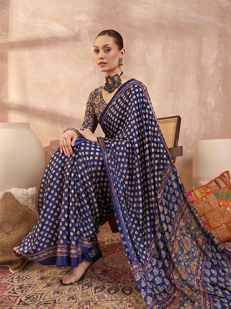 Aaina Vol 6 Silk Crepe Saree with Ethnic Ajrak Print & 1600 Mirror Work