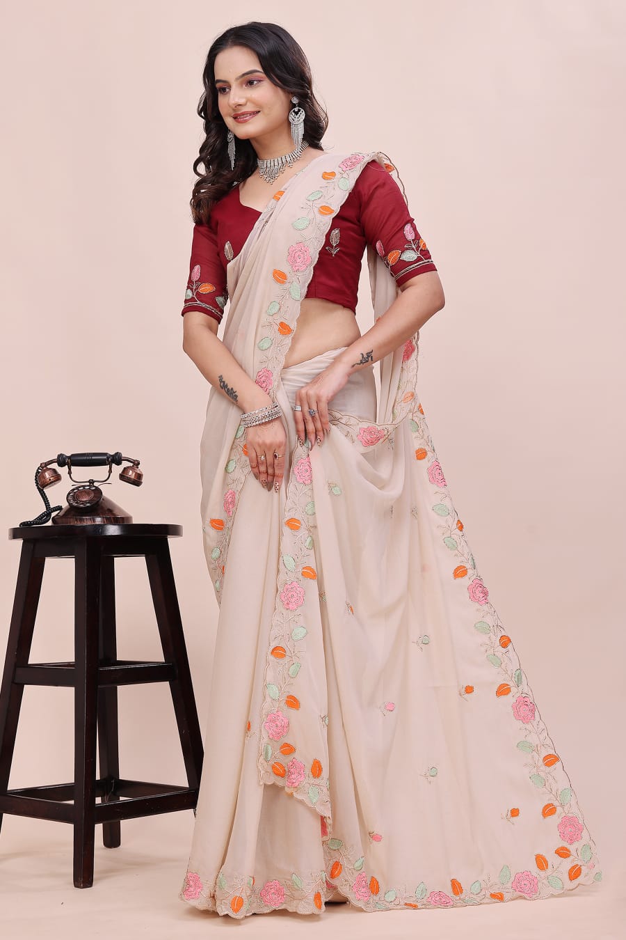 Rose Petal Embroidered Star Georgette Saree with Beads Work Border