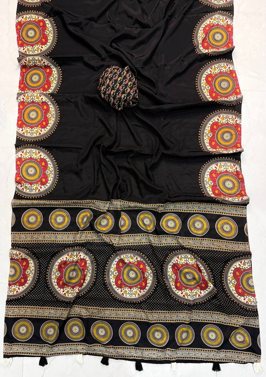 Premium Ajrakh Designer Crepe Silk Saree with Circular Motif Print & Tassel Border