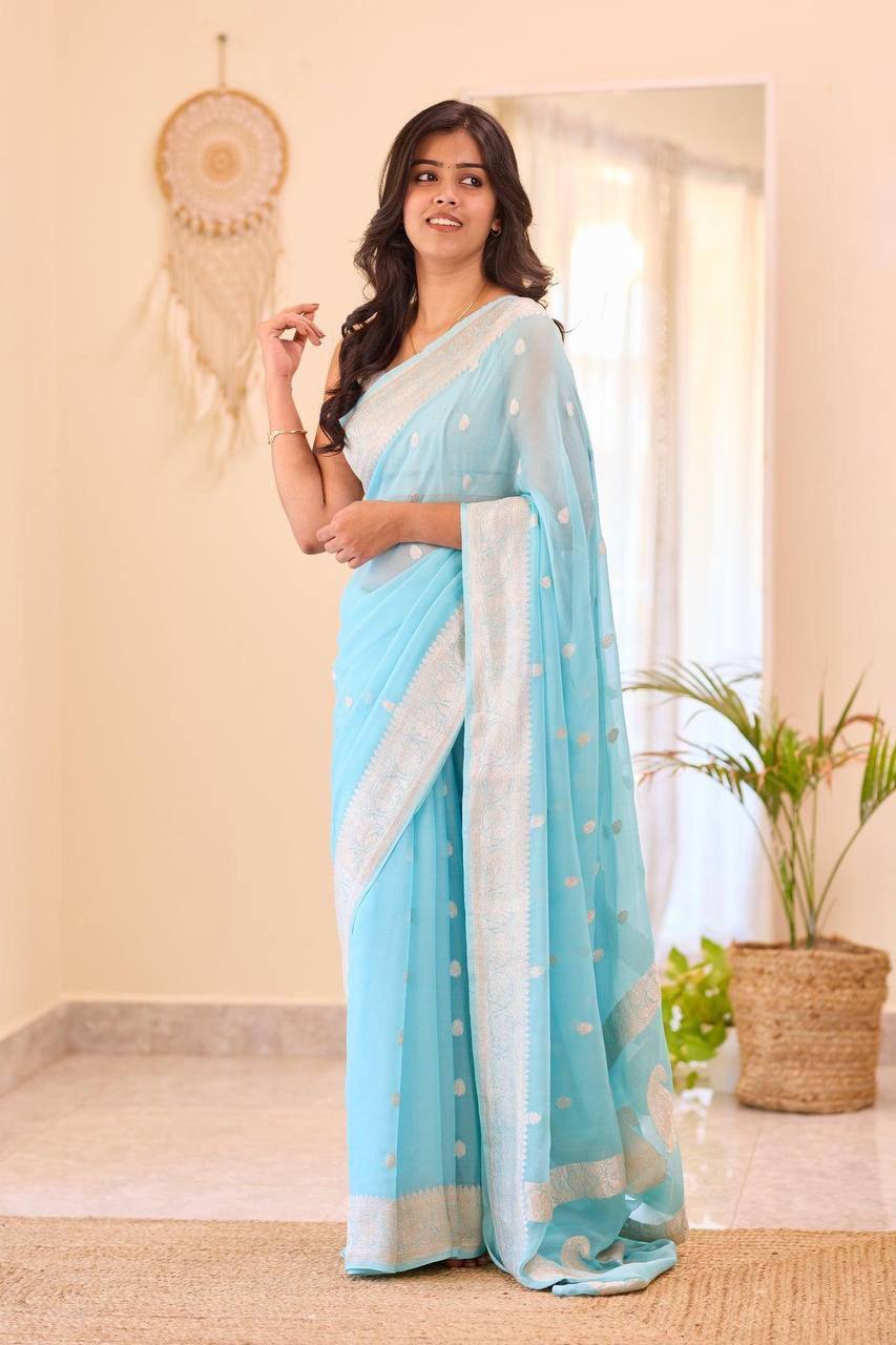 Sky Blue Organza Saree with Silver Border and Polka Dots