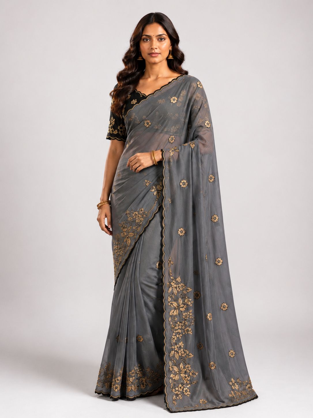 Women's Premium Star Galaxy Embroidered Saree with Designer Black Blouse