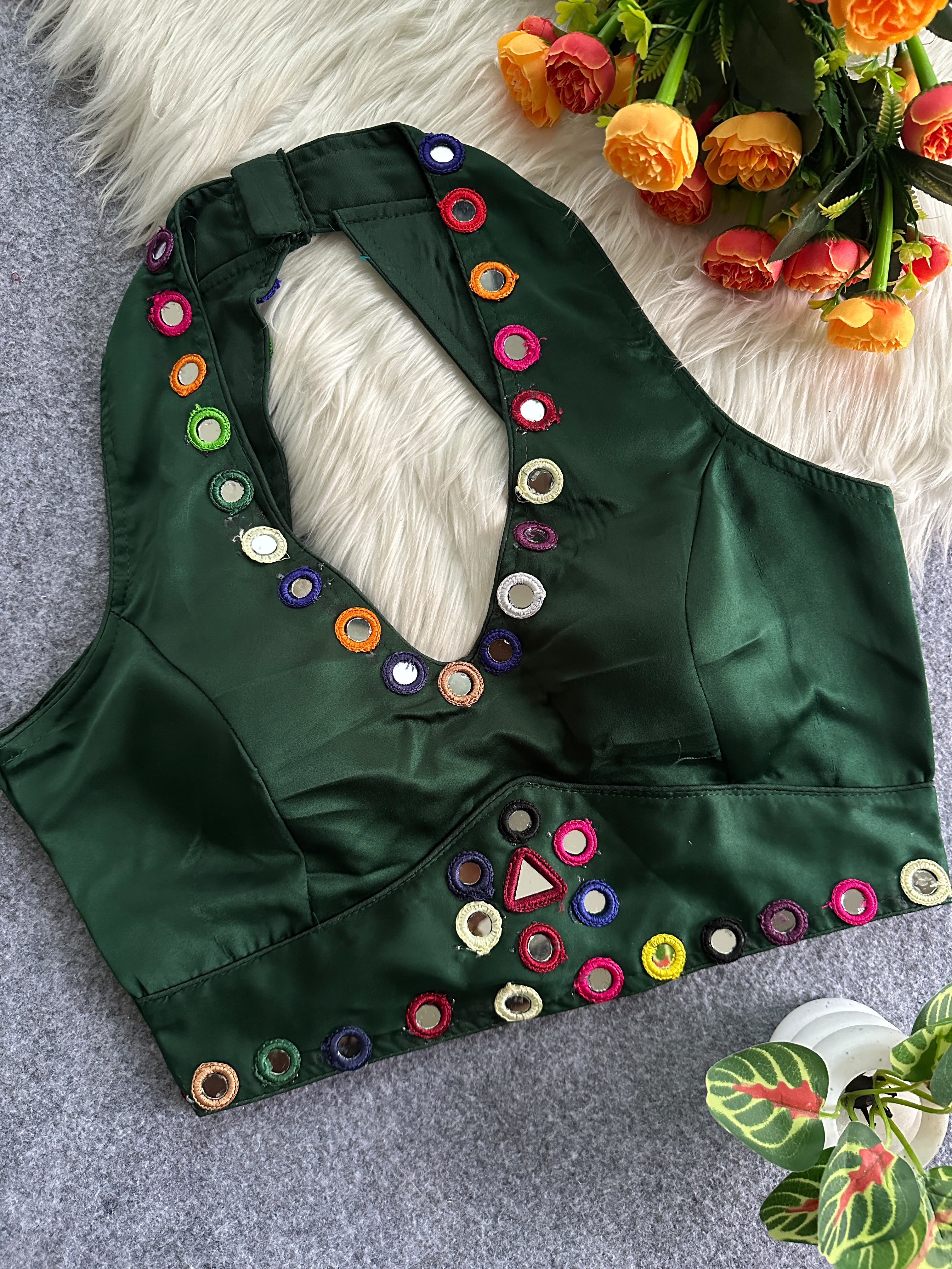 Navratri Satin Silk Multicolour Mirror Work Designer Blouse – Free Size 38–42