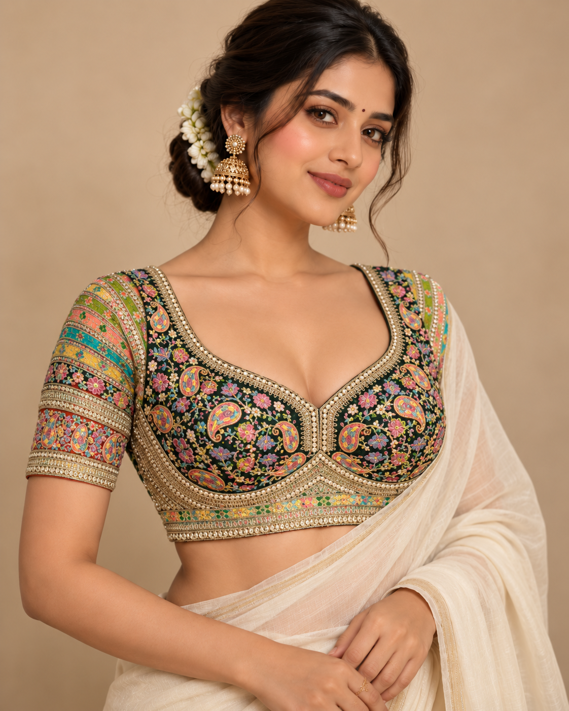 Premium Kashmiri-Inspired Antique Thread Work Blouse – Fox Georgette | Heavy Padded | 38–40