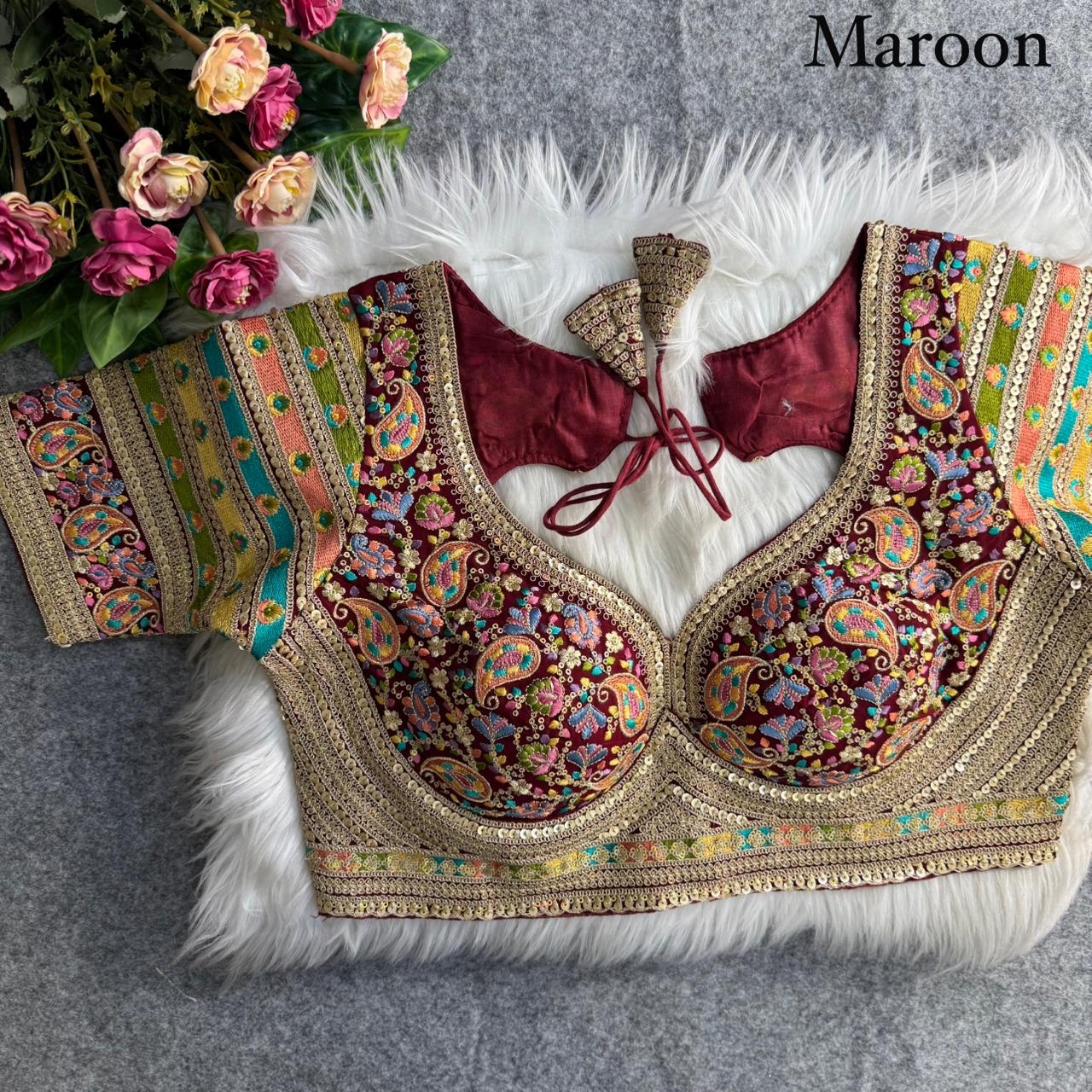 Premium Kashmiri-Inspired Antique Thread Work Blouse – Fox Georgette | Heavy Padded | 38–40