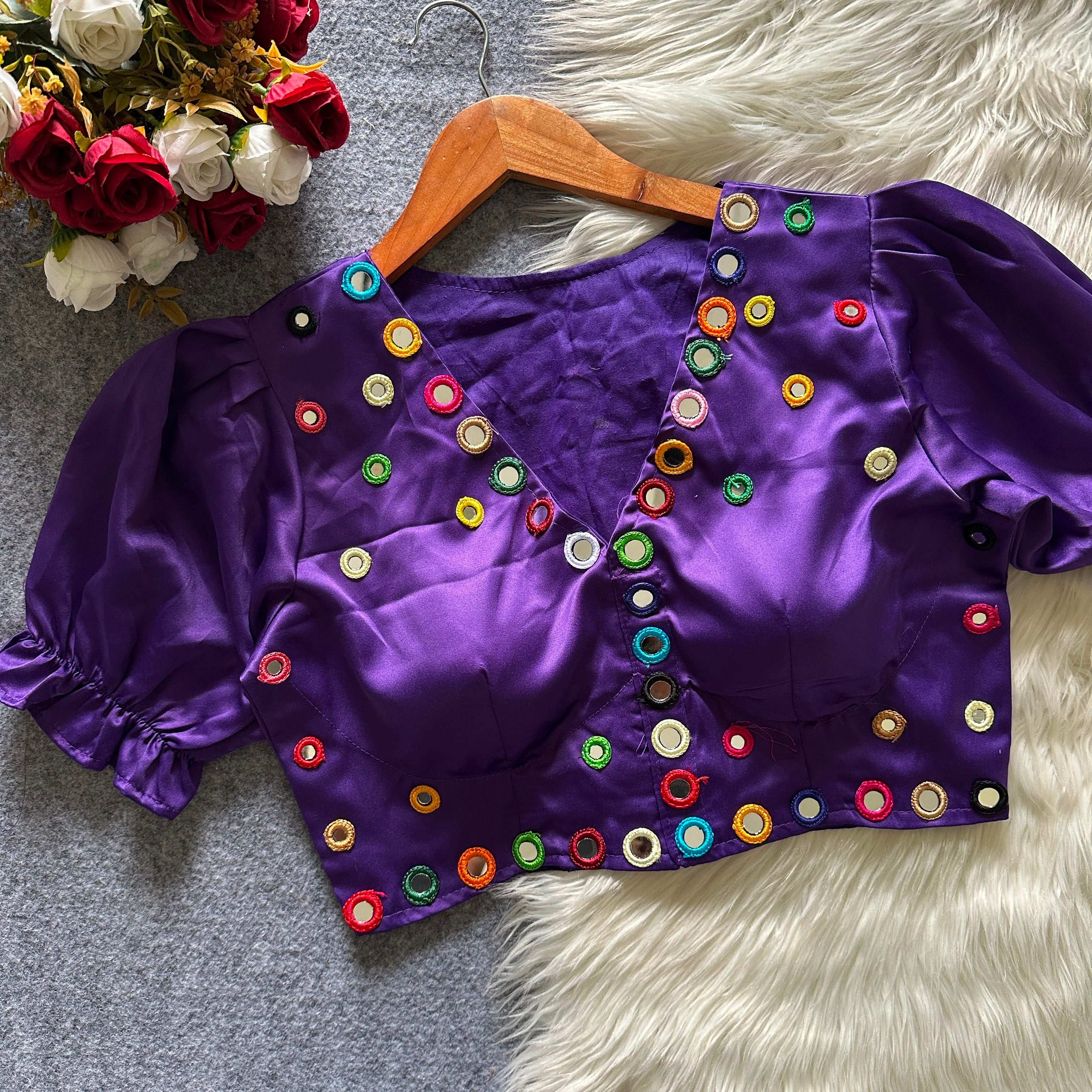 Navratri Satin Silk Multicolour Mirror Work Designer Blouse – Free Size 38–42