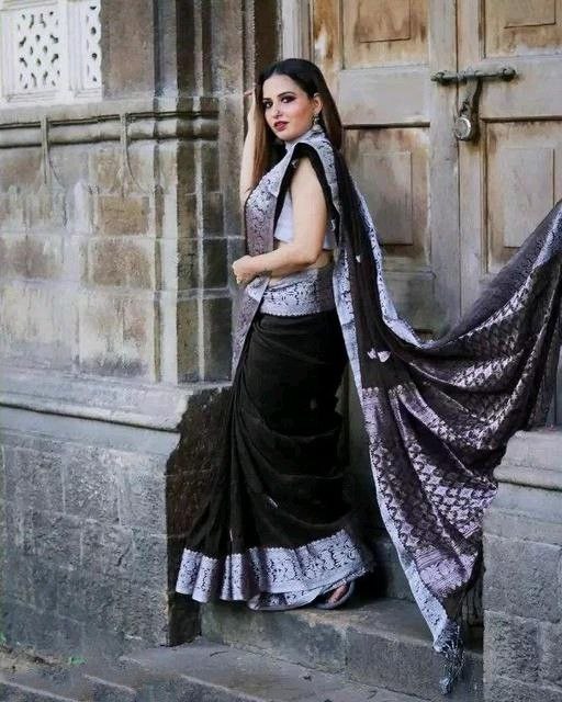 Black Banarasi Silk Saree with Silver Zari Border