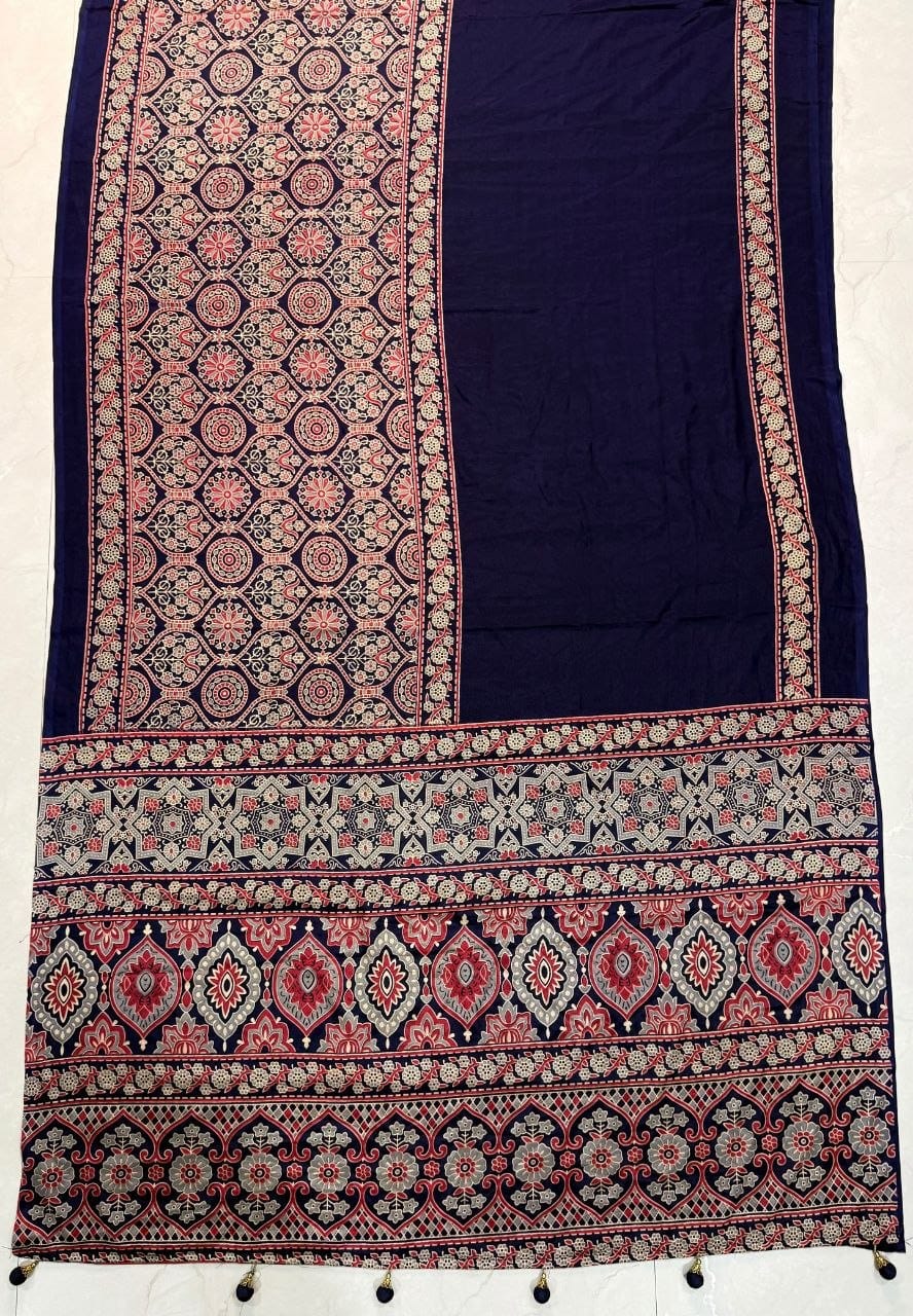Premium Ajrakh Printed Designer Saree with Traditional Ethnic Border