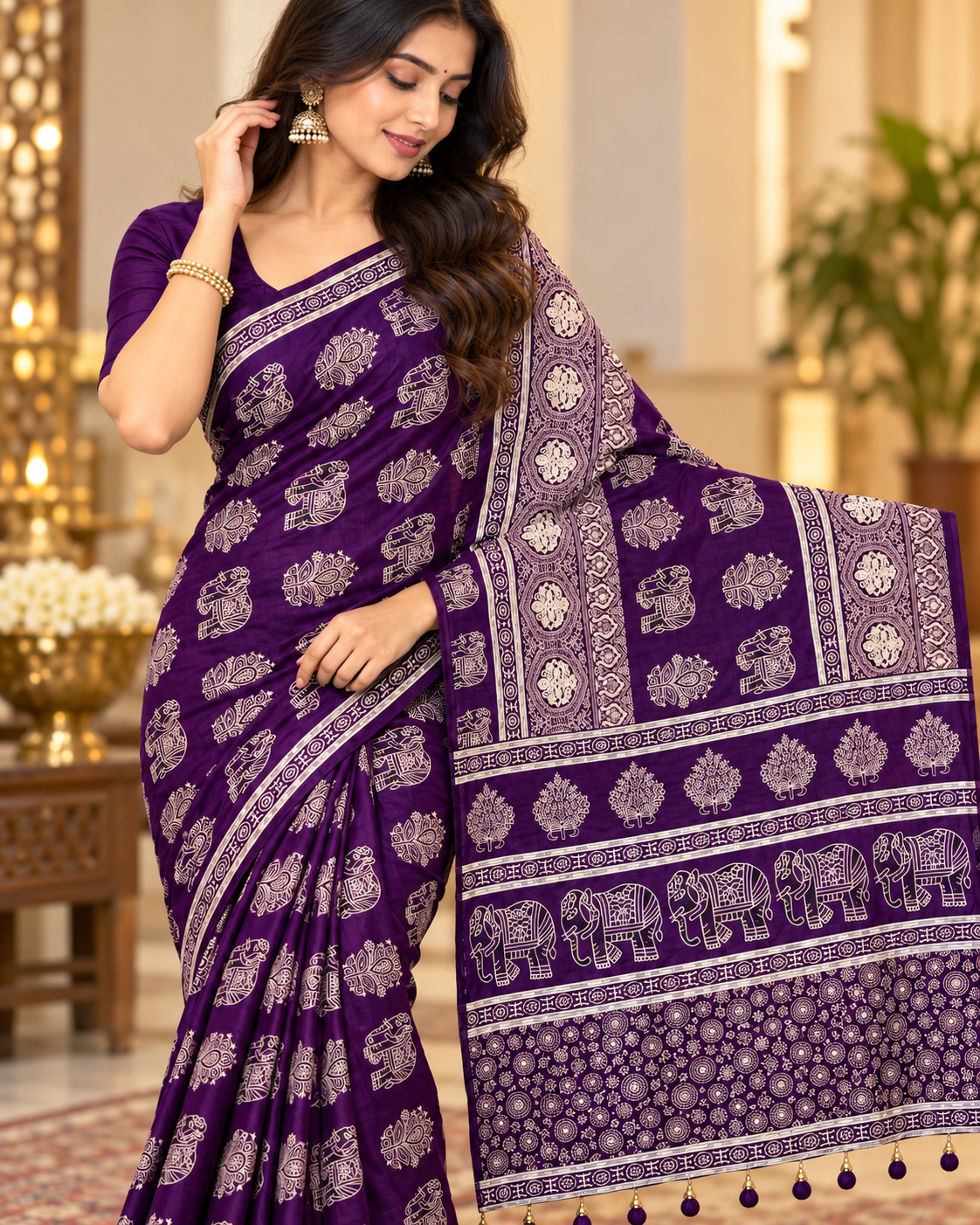 Premium Crepe Silk Designer Saree with Traditional Elephant & Floral Print