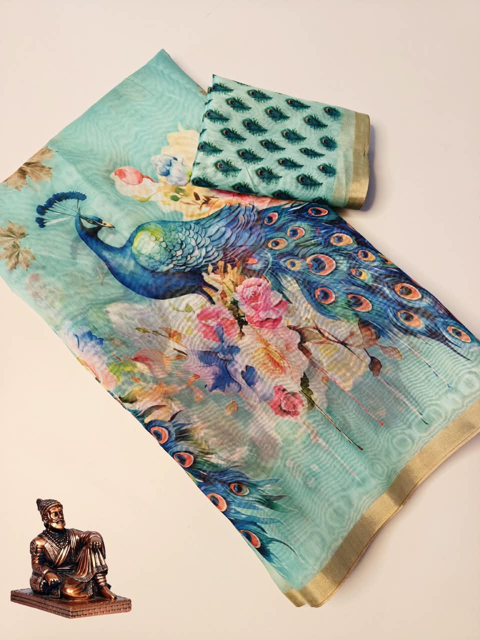 Premium Slub Cotton Saree with Peacock Digital Print, Golden Zari Border & Matching Blouse Piece