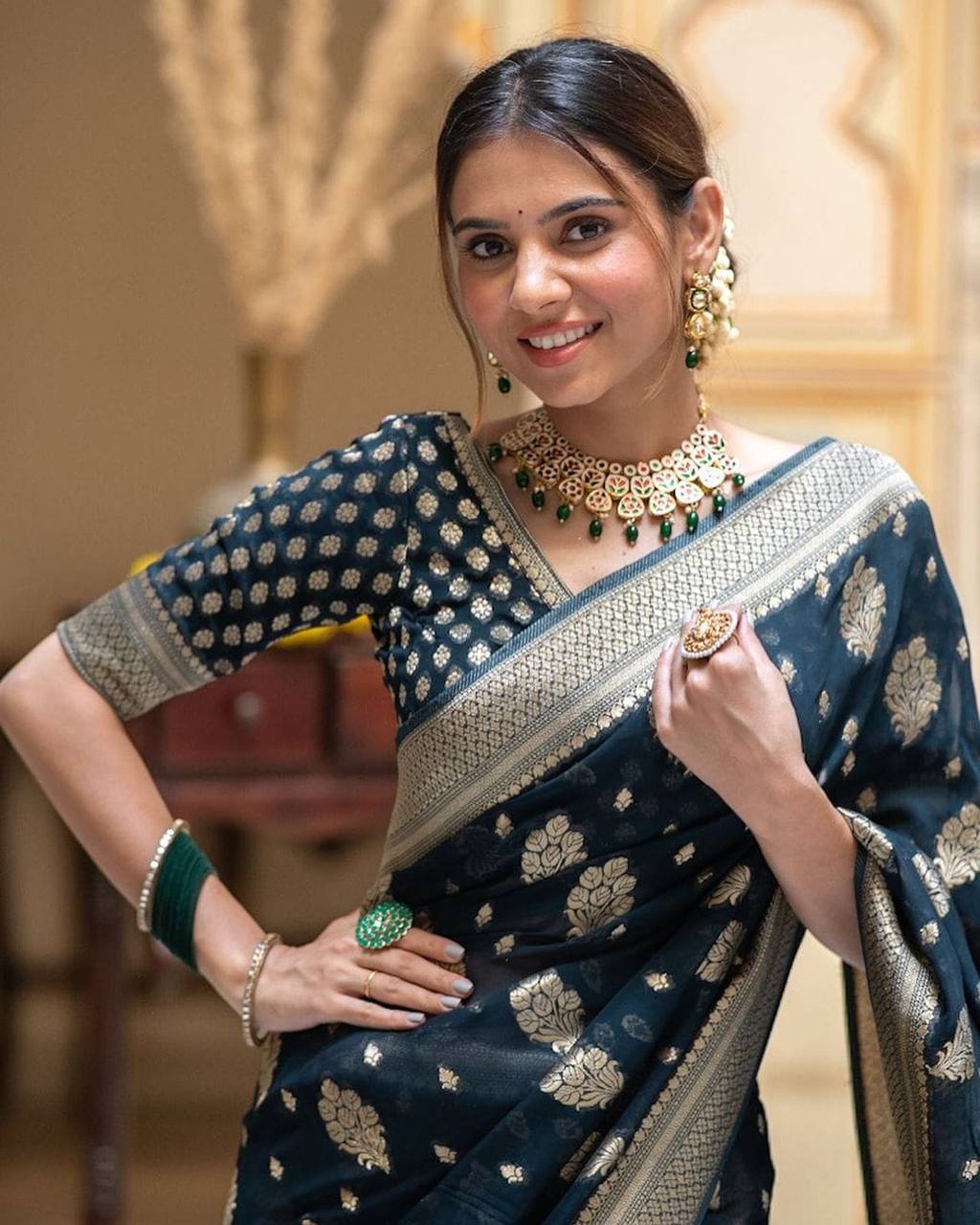 Elegant Navy Blue Banarasi Silk Saree with Golden Zari Work and Contrast Blouse