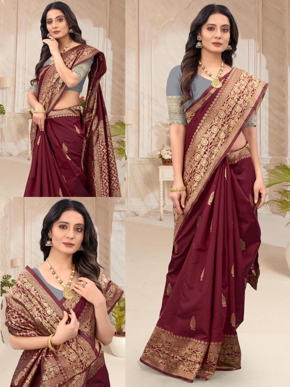 Maroon Banarasi Silk Saree with Gold Zari Border and Blouse
