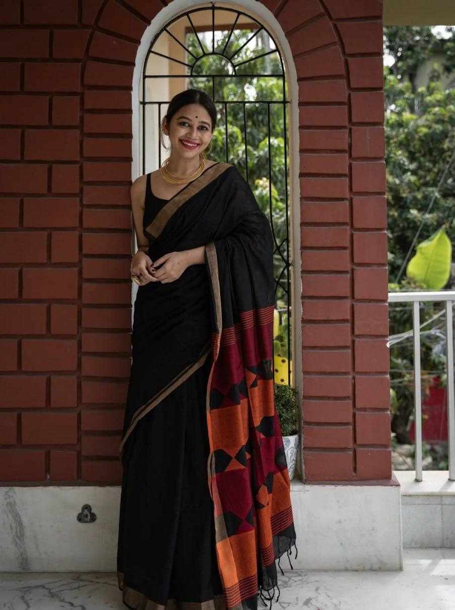 KP-R 209 Soft Linen Black Saree with Jacquard Border 🖤