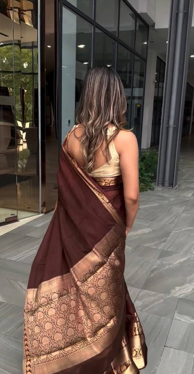 Brown Silk Saree with Gold Zari Border and Pallu