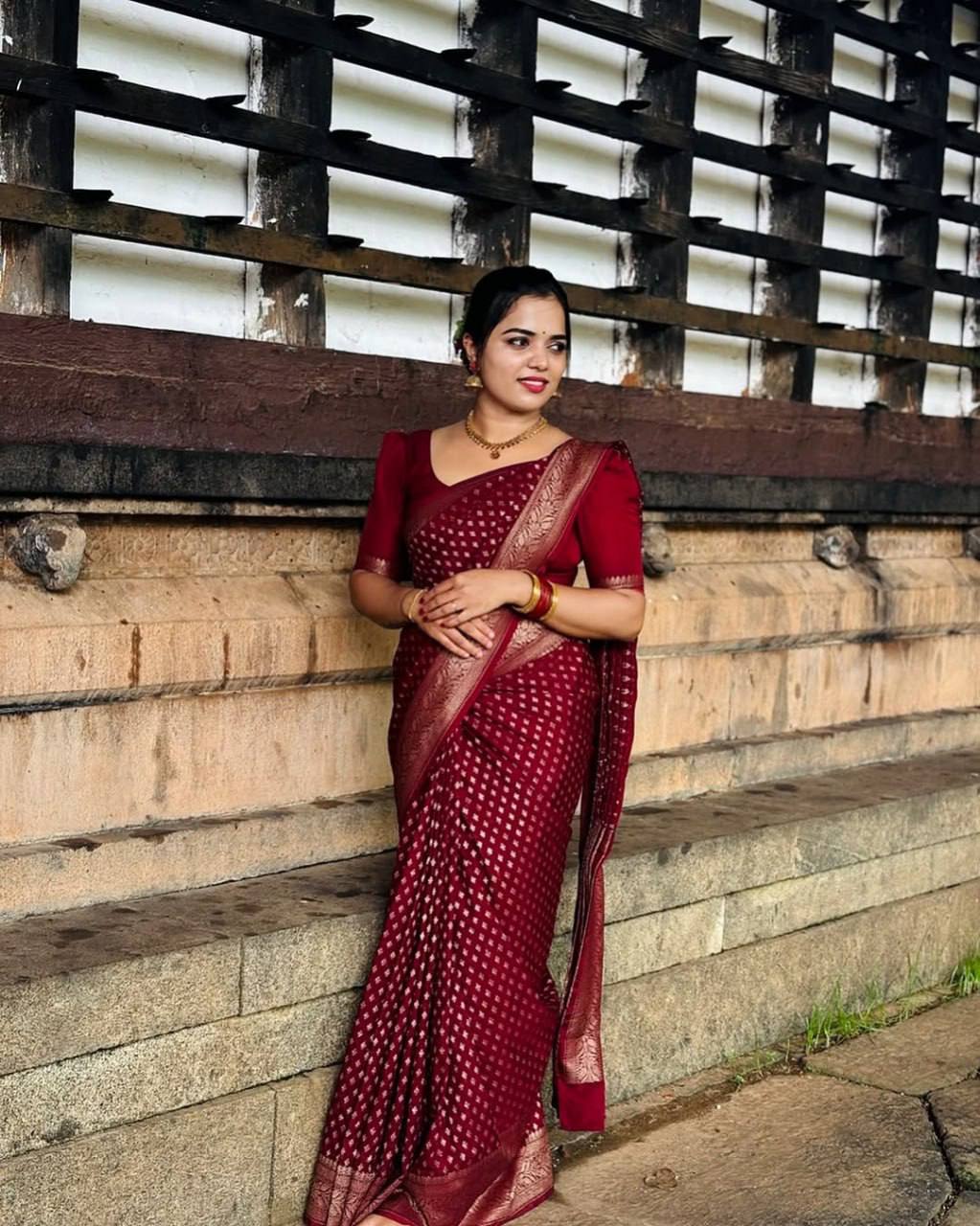 Maroon Banarasi Silk Saree with Gold Zari Work