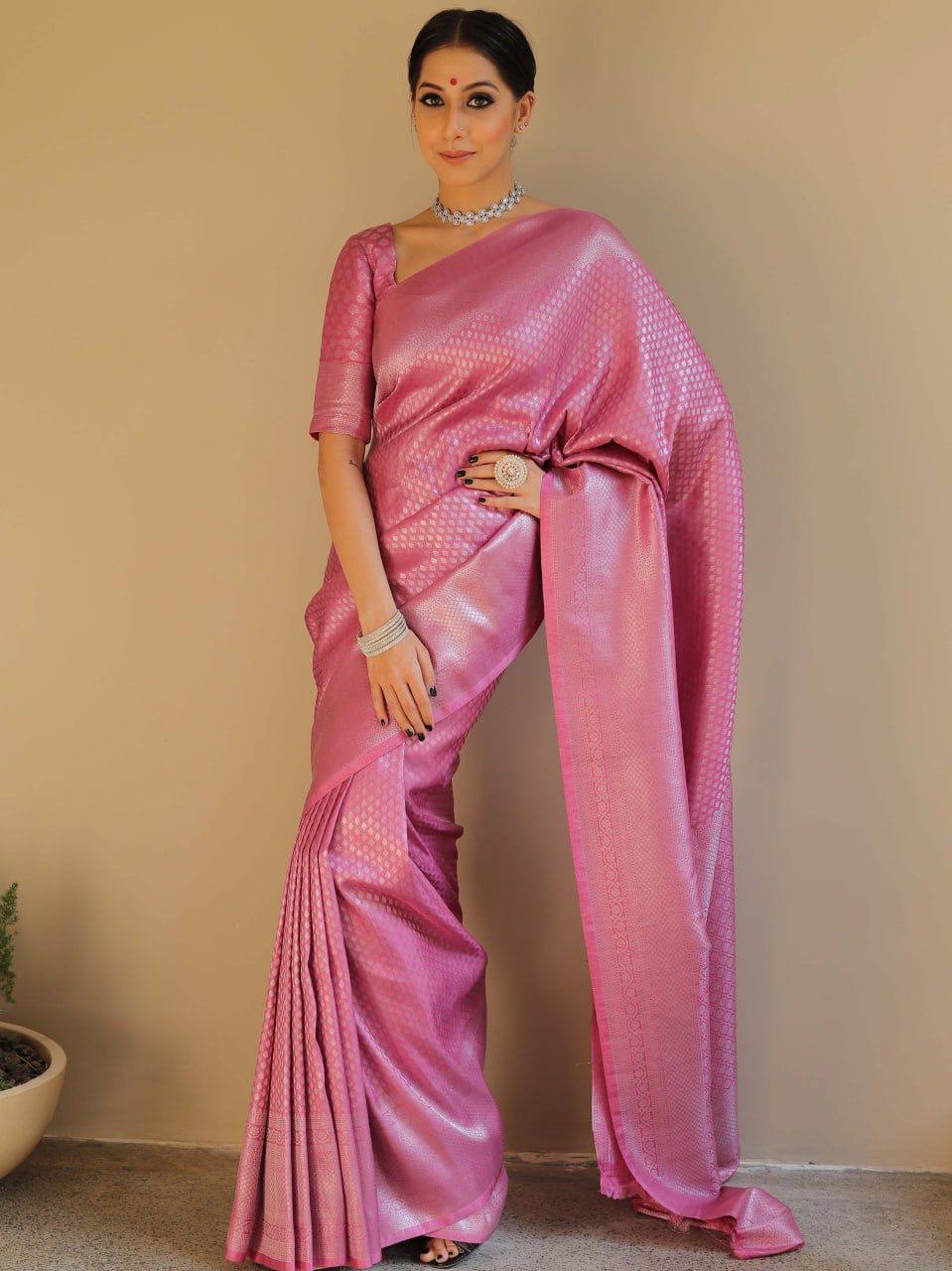 Pink Banarasi Silk Saree with Zari Work