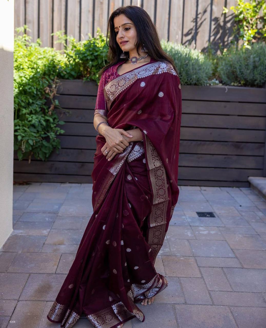 Deep Wine Banarasi Silk Saree with Zari Border and Blouse