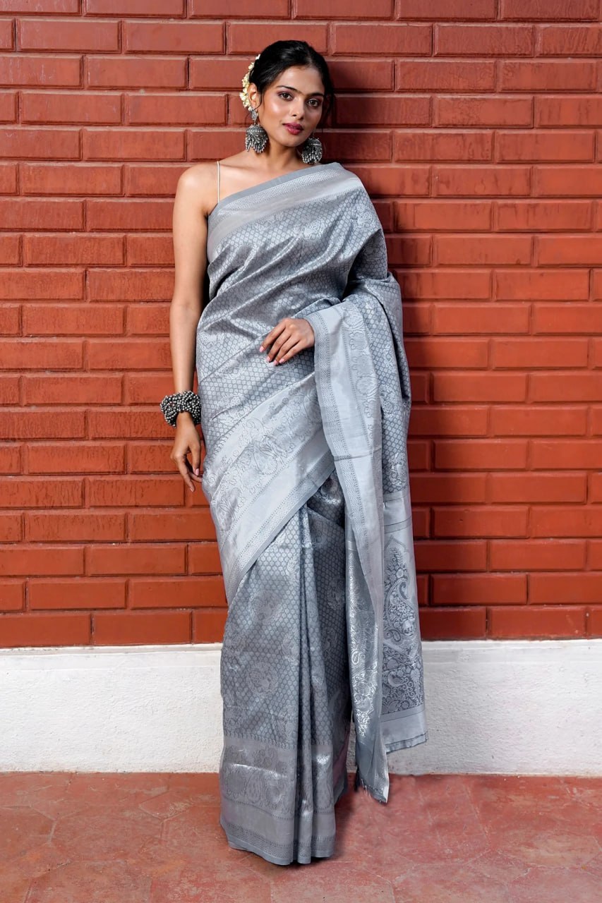 Grey Banarasi Silk Saree with Silver Zari Work