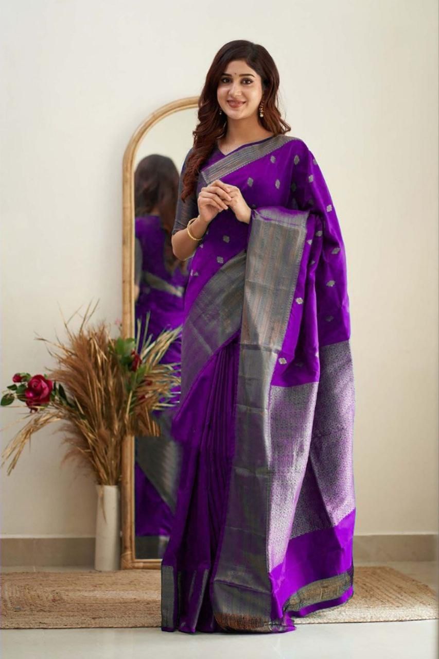 Purple Chanderi Silk Saree with Silver Zari Border and Buti Work