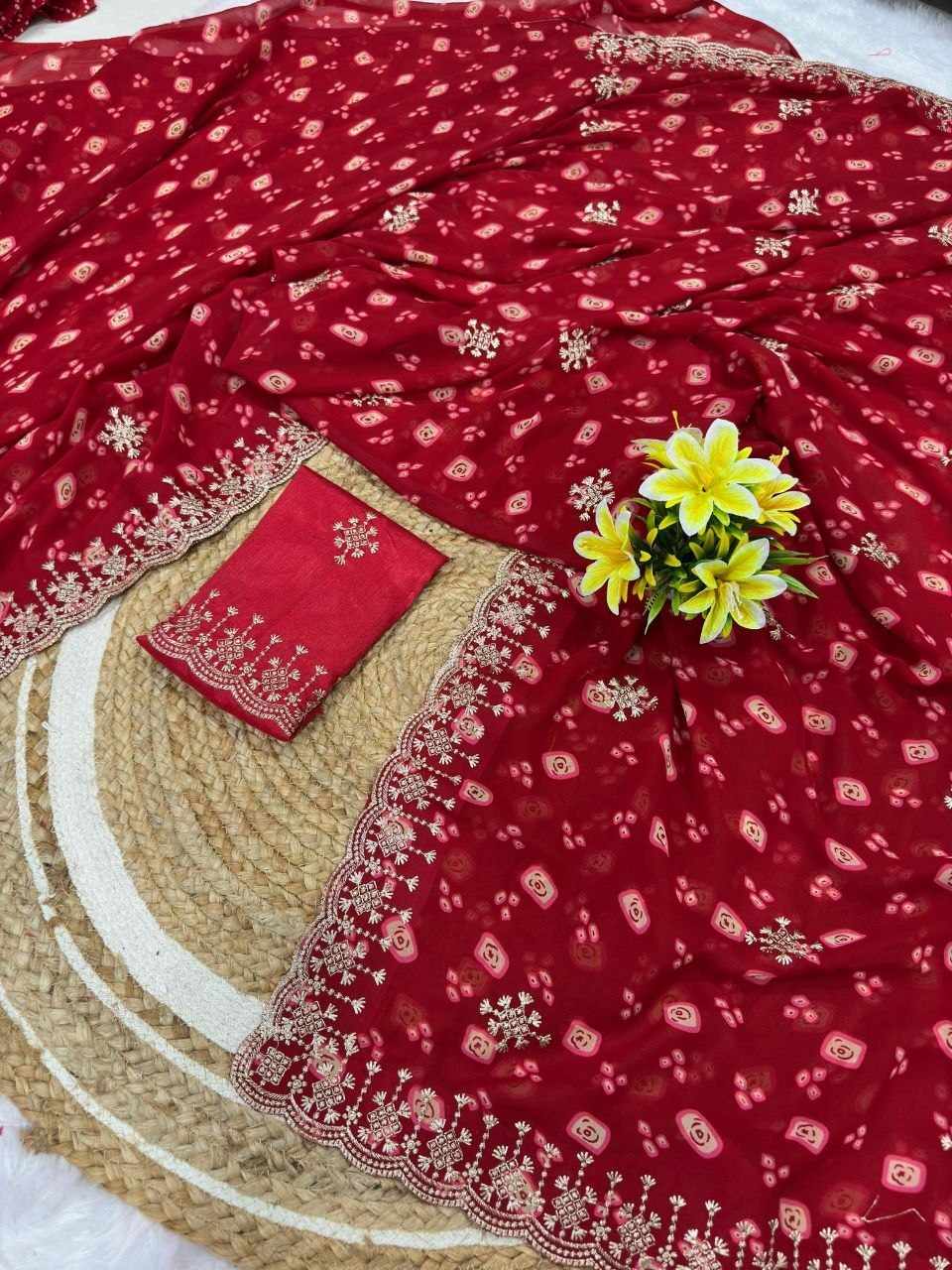 Women's Red Georgette Bandhani Print Embroidered Saree with Matching Mono Silk Blouse
