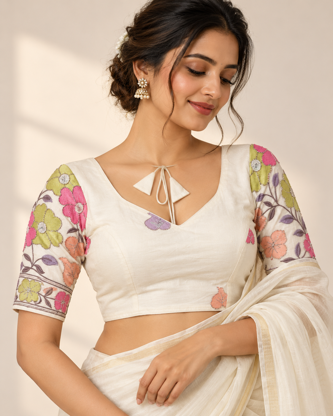 Pure Khadi Cotton Embroidered Partywear Blouse – Heavy Padded | Back Open | 38–42