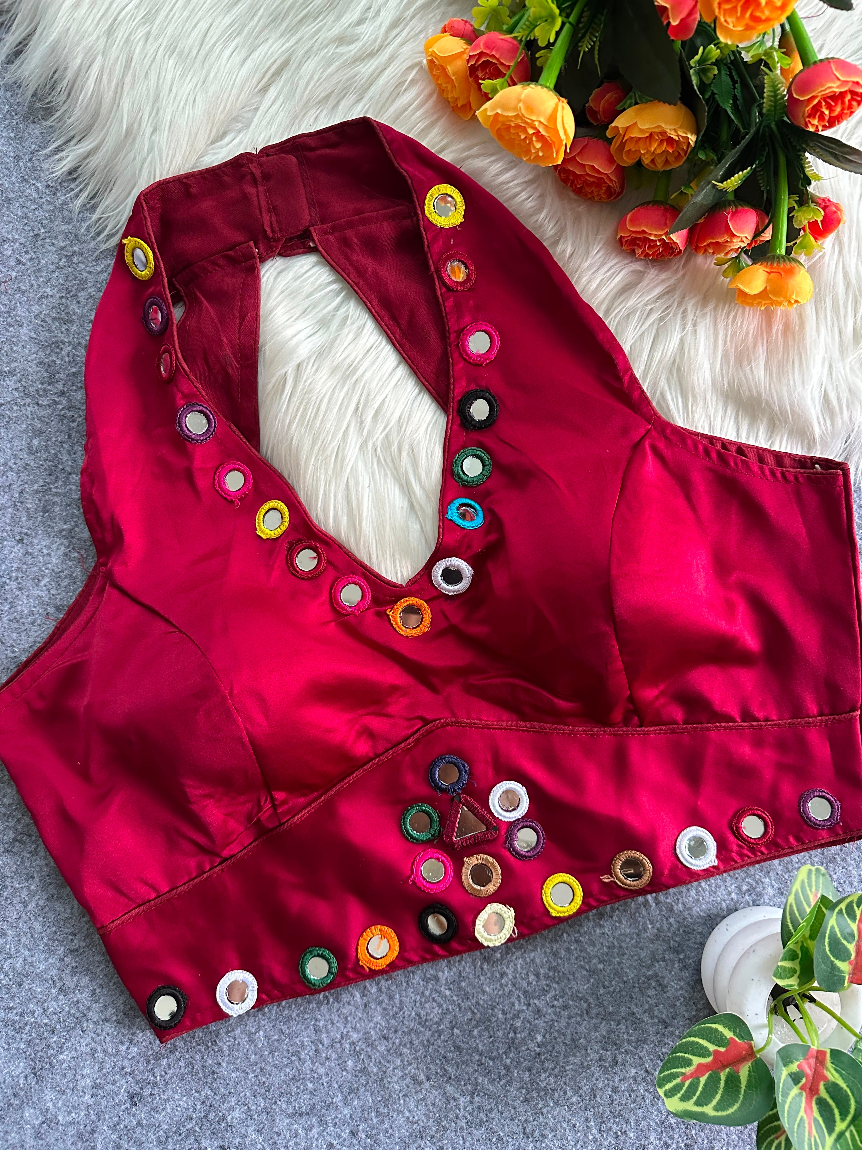 Navratri Satin Silk Multicolour Mirror Work Designer Blouse – Free Size 38–42