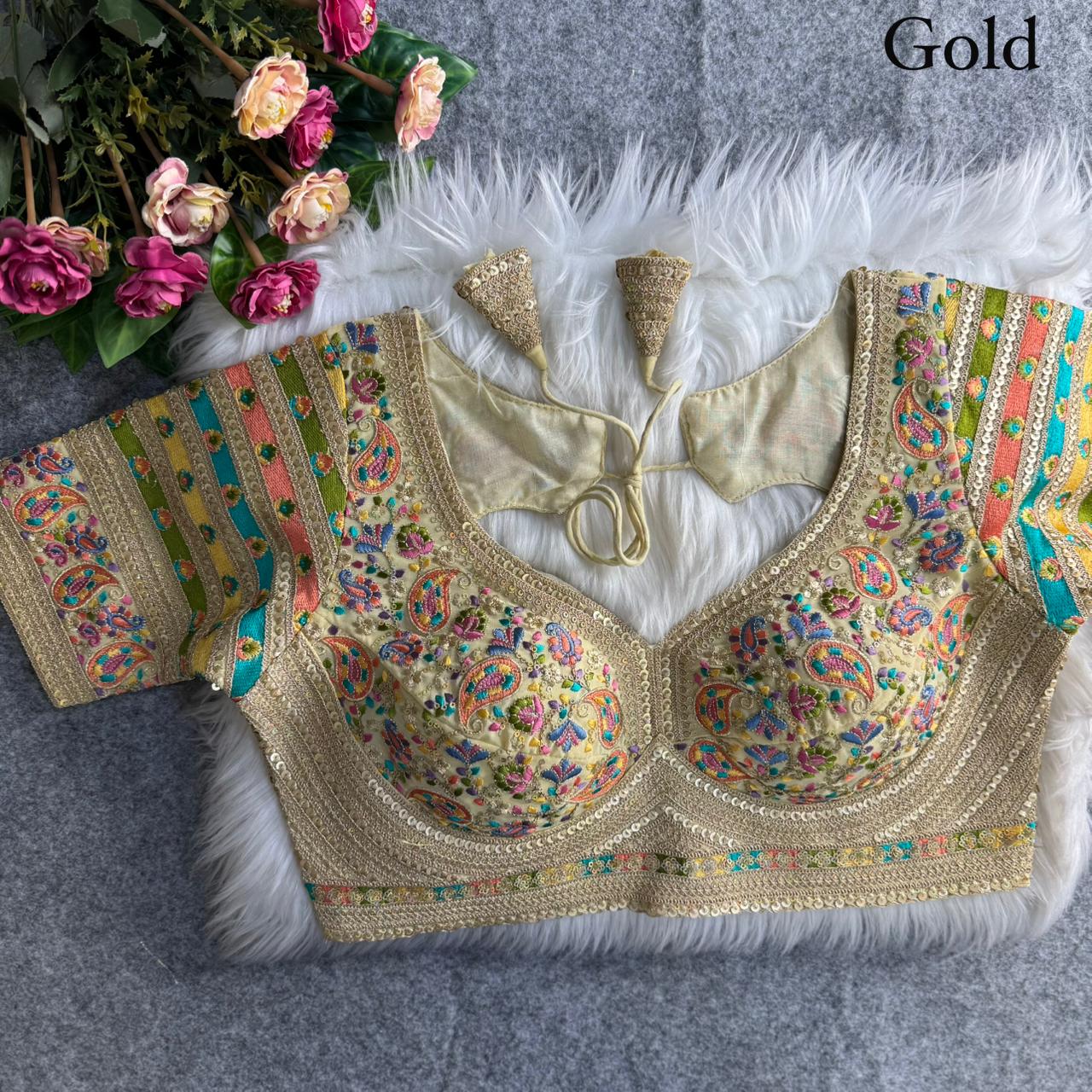 Premium Kashmiri-Inspired Antique Thread Work Blouse – Fox Georgette | Heavy Padded | 38–40