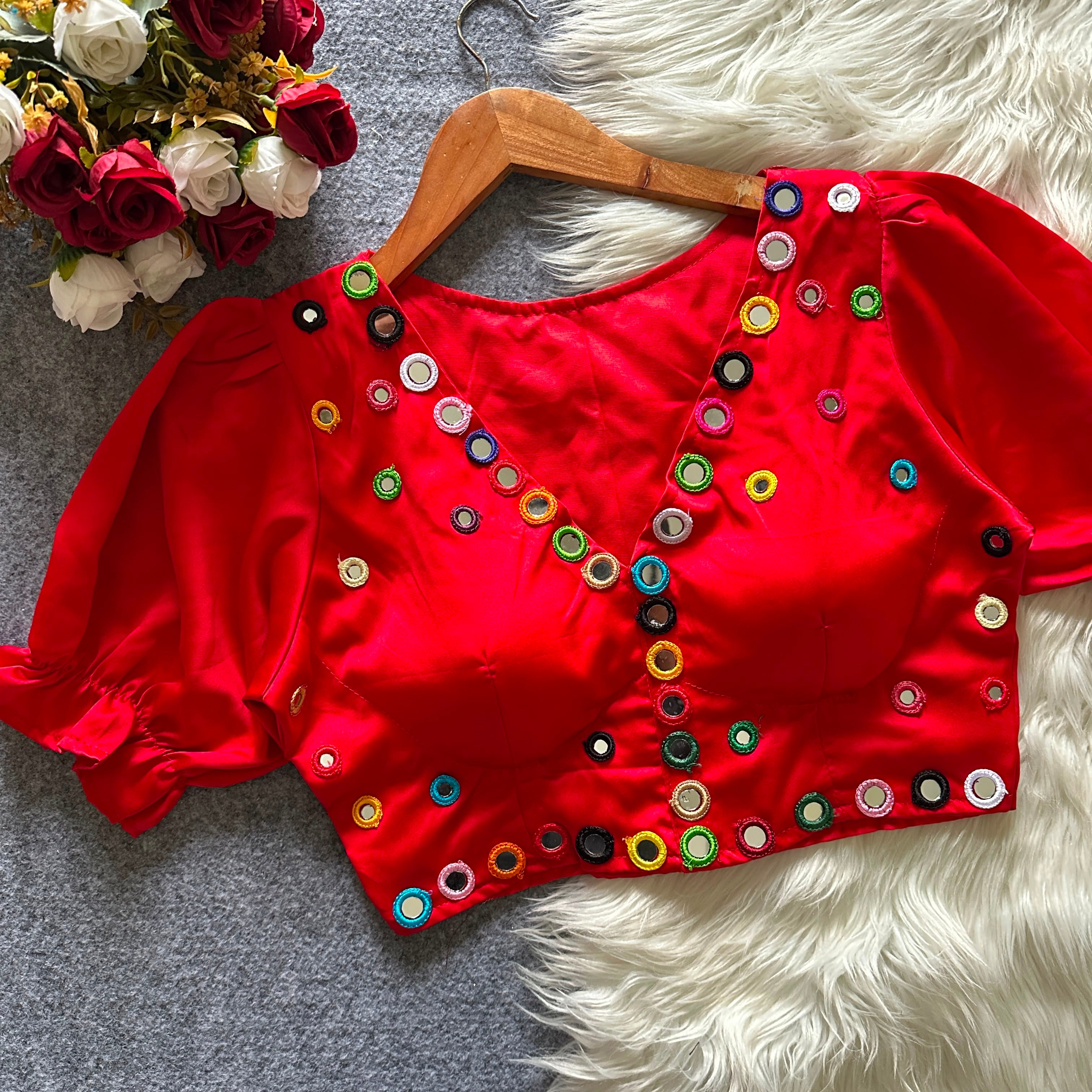 Navratri Satin Silk Multicolour Mirror Work Designer Blouse – Free Size 38–42