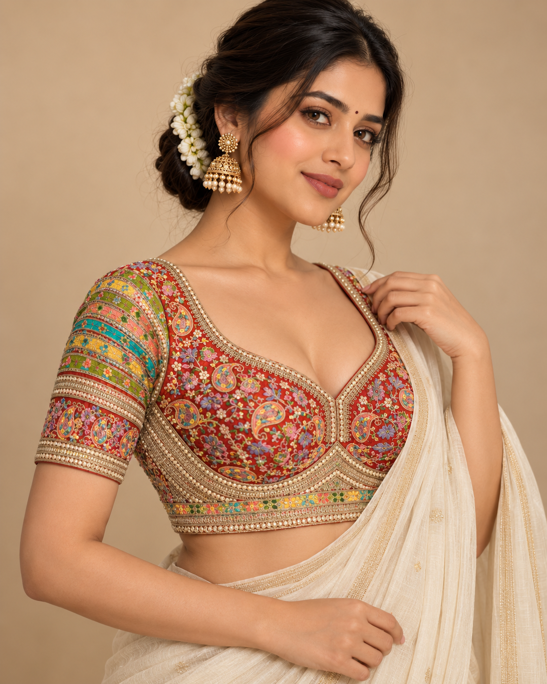 Premium Kashmiri-Inspired Antique Thread Work Blouse – Fox Georgette | Heavy Padded | 38–40