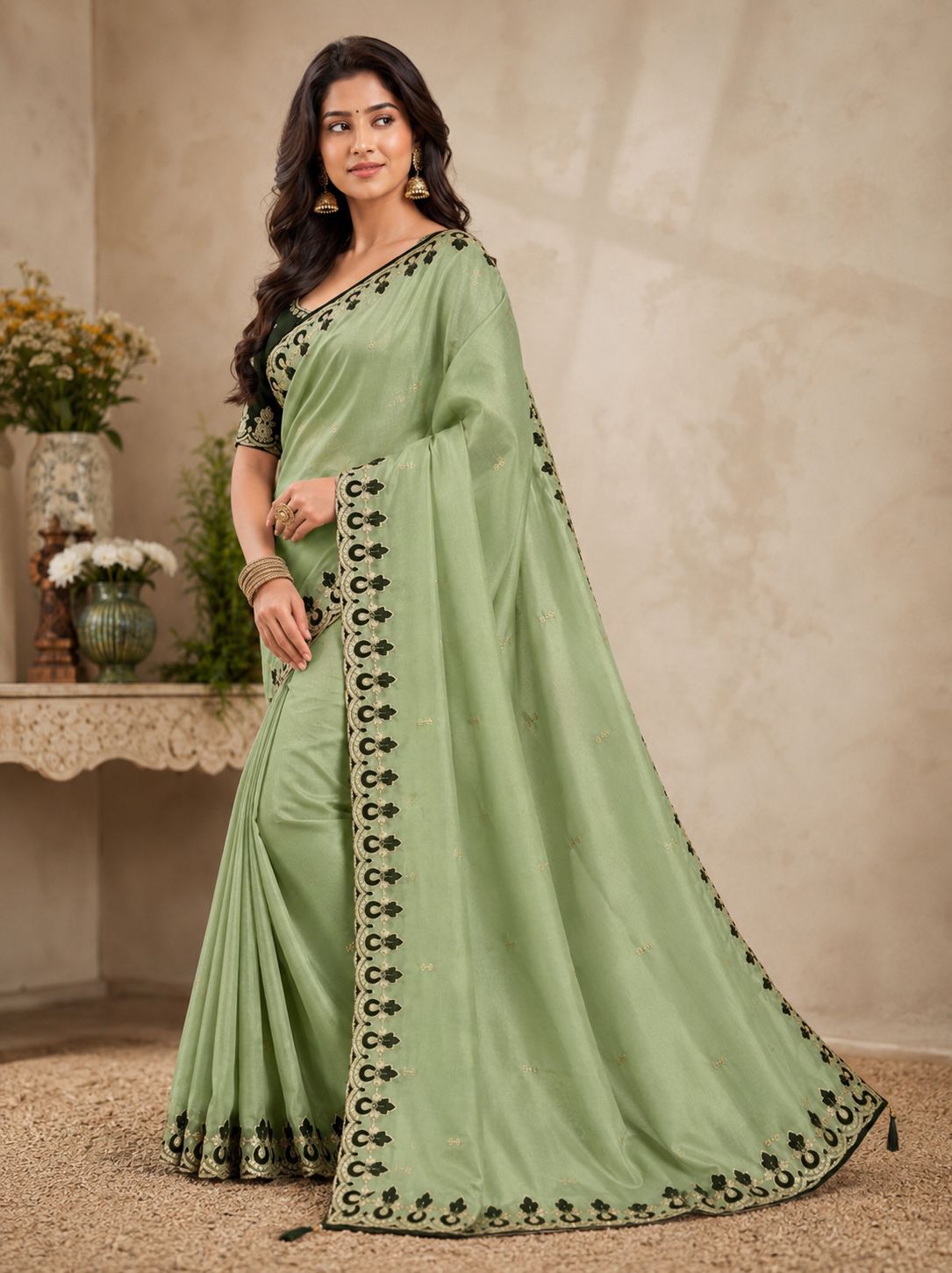 Kalash Premium Star Georgette Embroidered Saree with Designer Border & Running Blouse