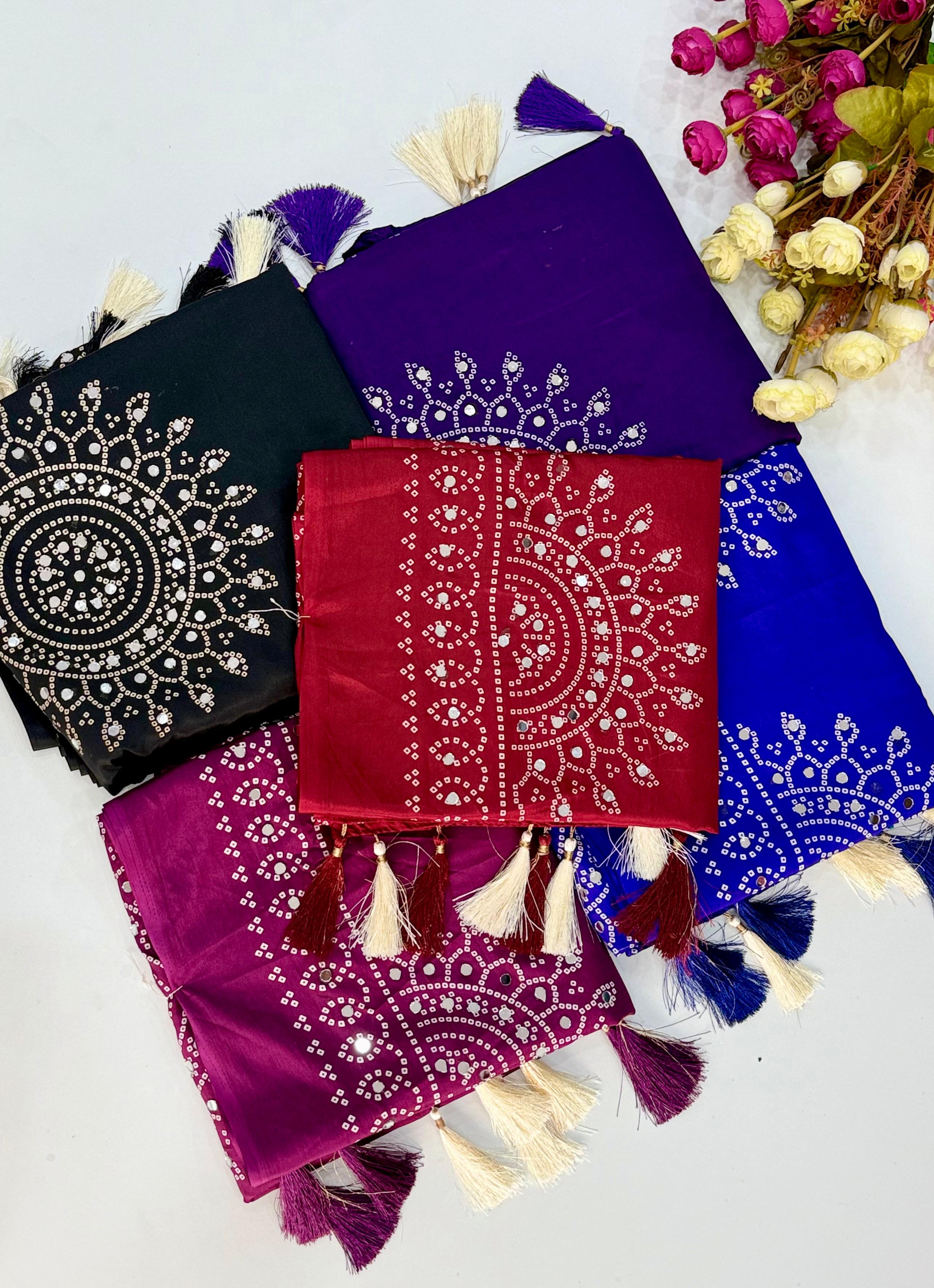 Bandhani Love Premium Moss Satin Ajrakh Saree with Zari & Mirror Work and Tassel Border