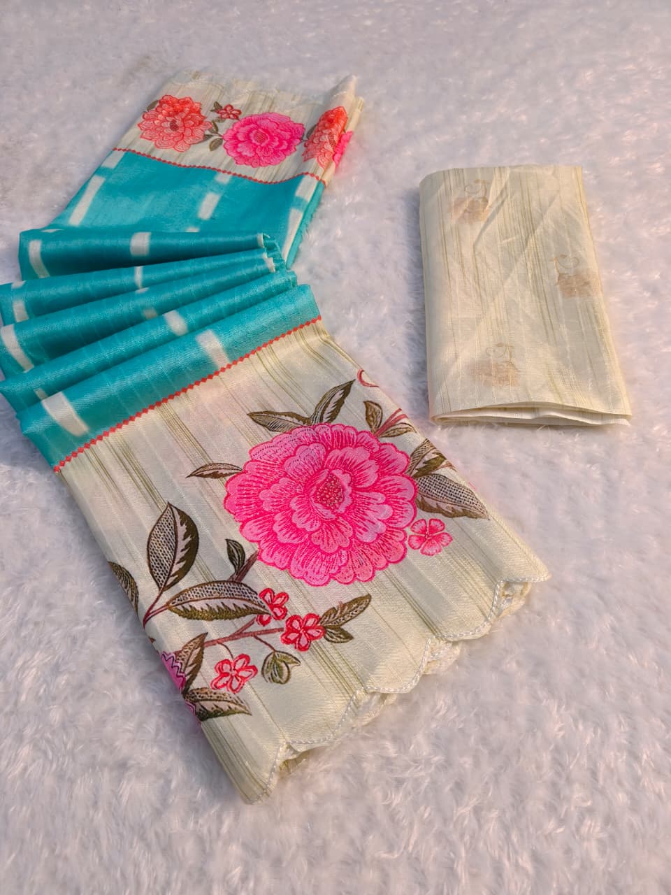 Heavy Handloom Tussar Silk Saree with Floral Digital Print & Arco Cutwork Border