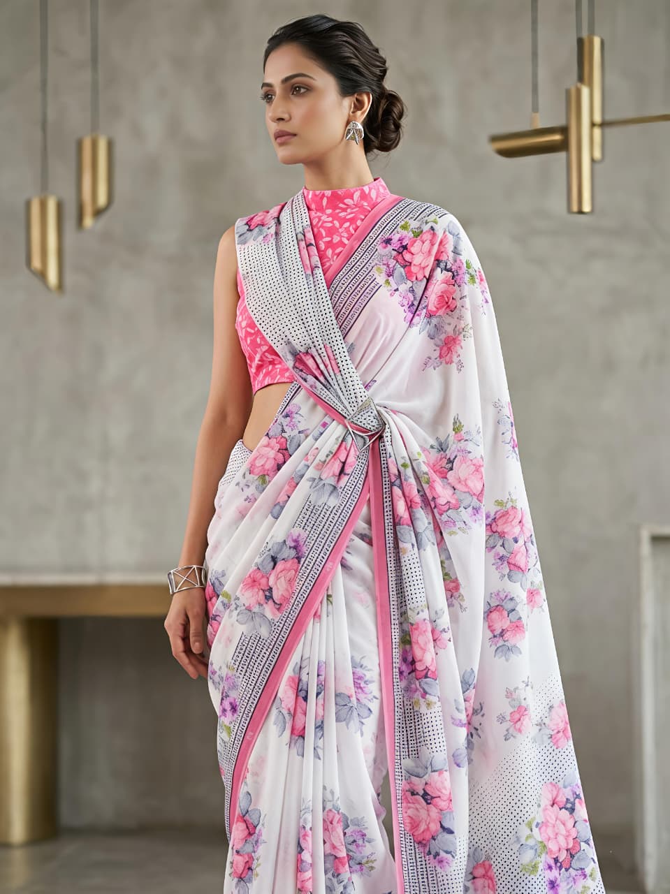 Heavy Blooming Faux Georgette Saree with Multicolor Floral Print & Matching Blouse