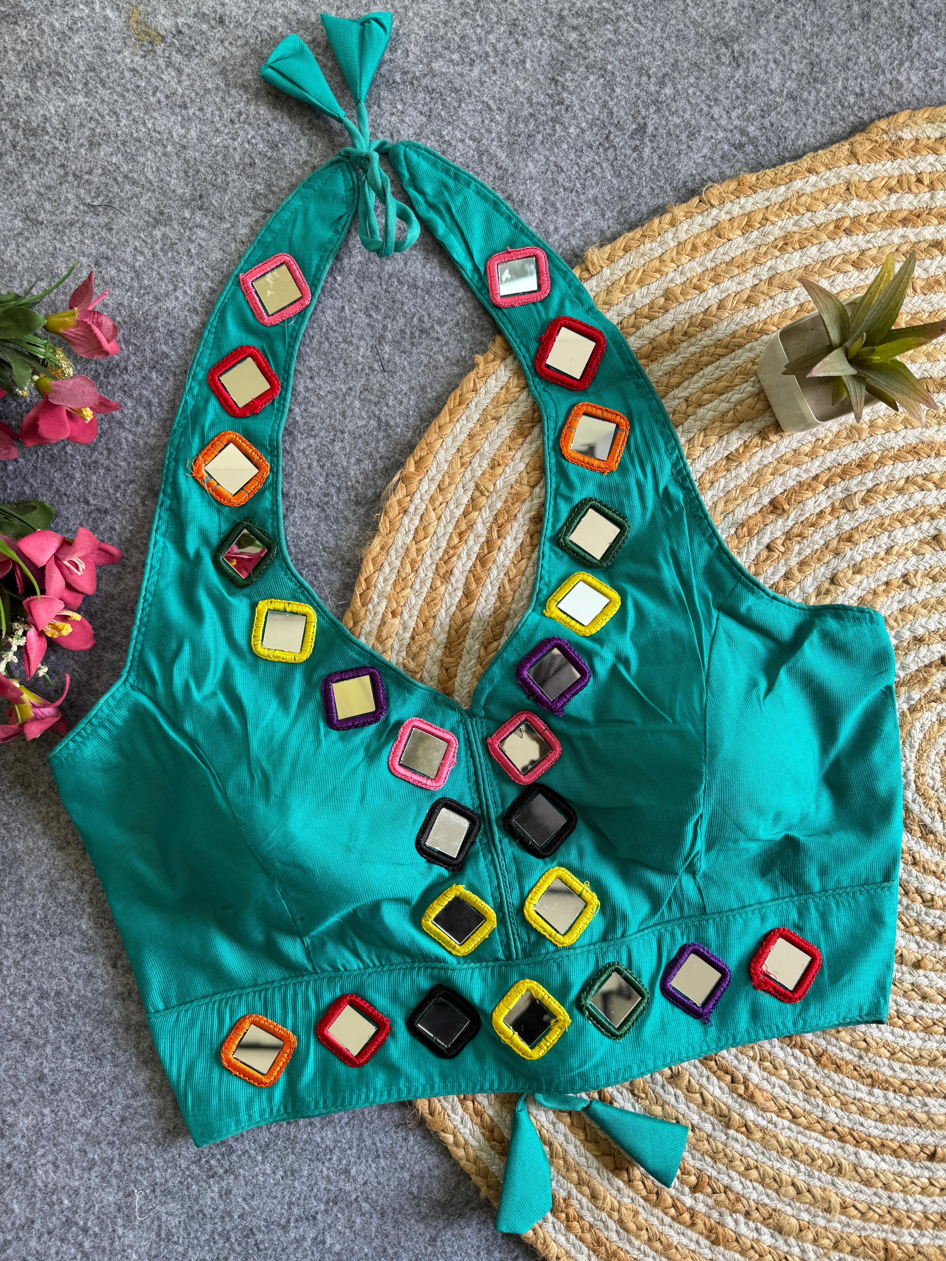 Navratri 06 Satin Silk Multicolour Mirror Work Designer Blouse – Free Size 38–42