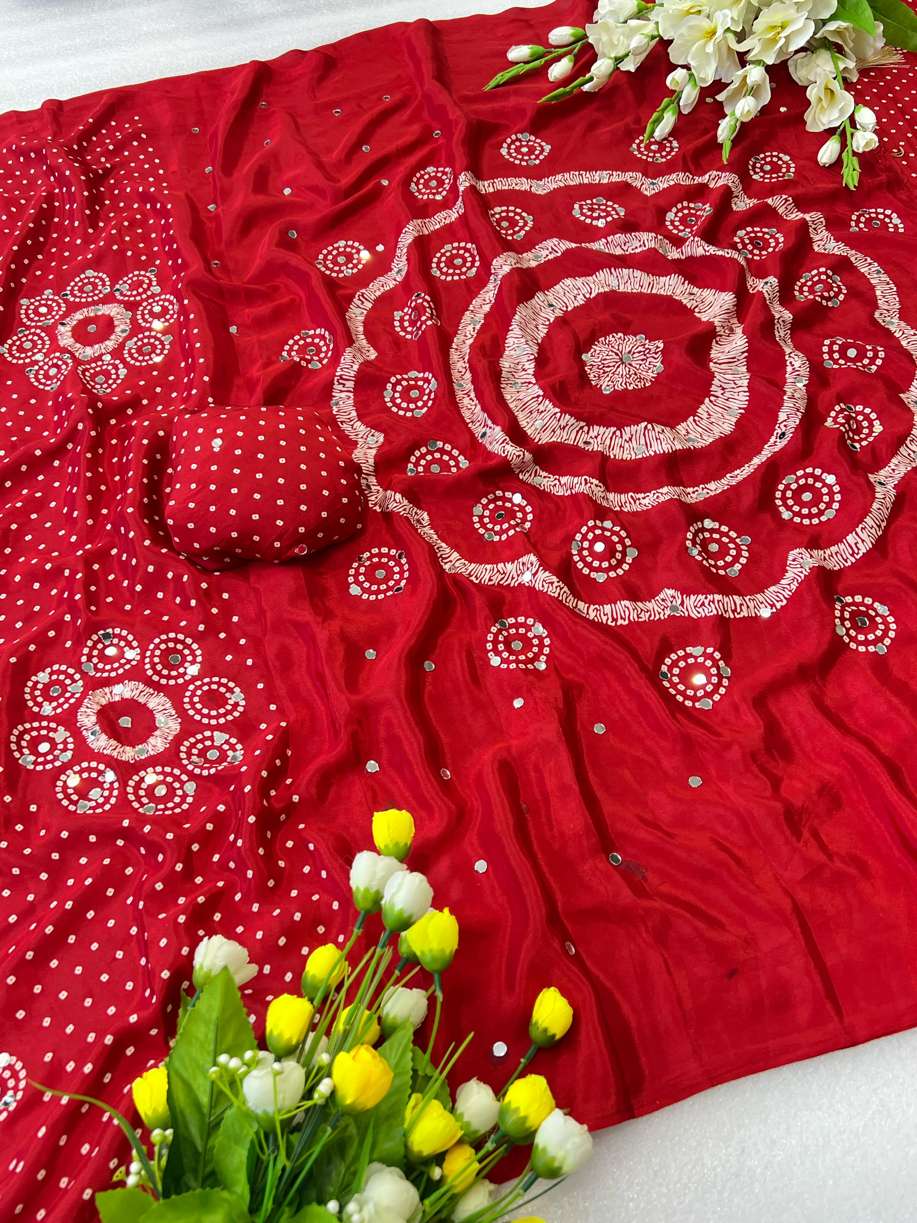 Premium Moss Satin Ajrakh Saree with 2,500 Mirror Work & Matching Blouse