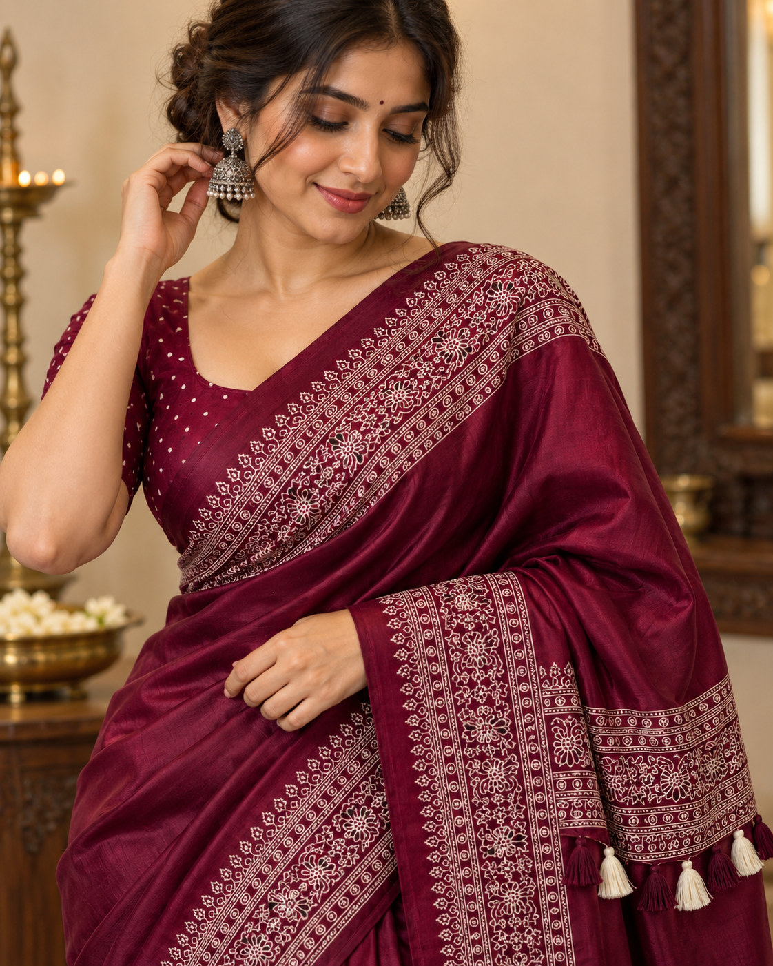 Premium Ajrakh Designer Crepe Silk Saree with Floral Border & Tassel Detailing