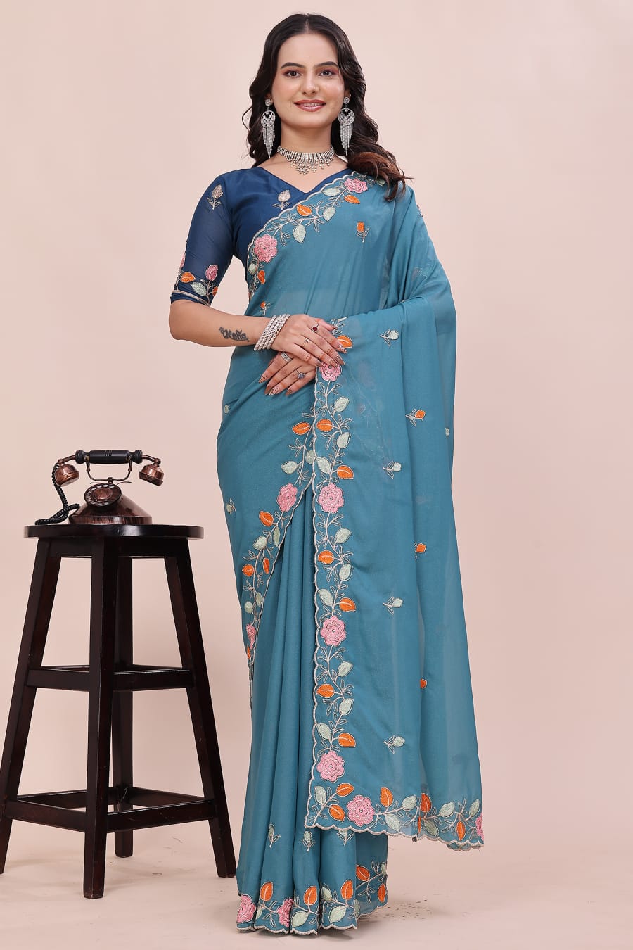 Rose Petal Embroidered Star Georgette Saree with Beads Work Border