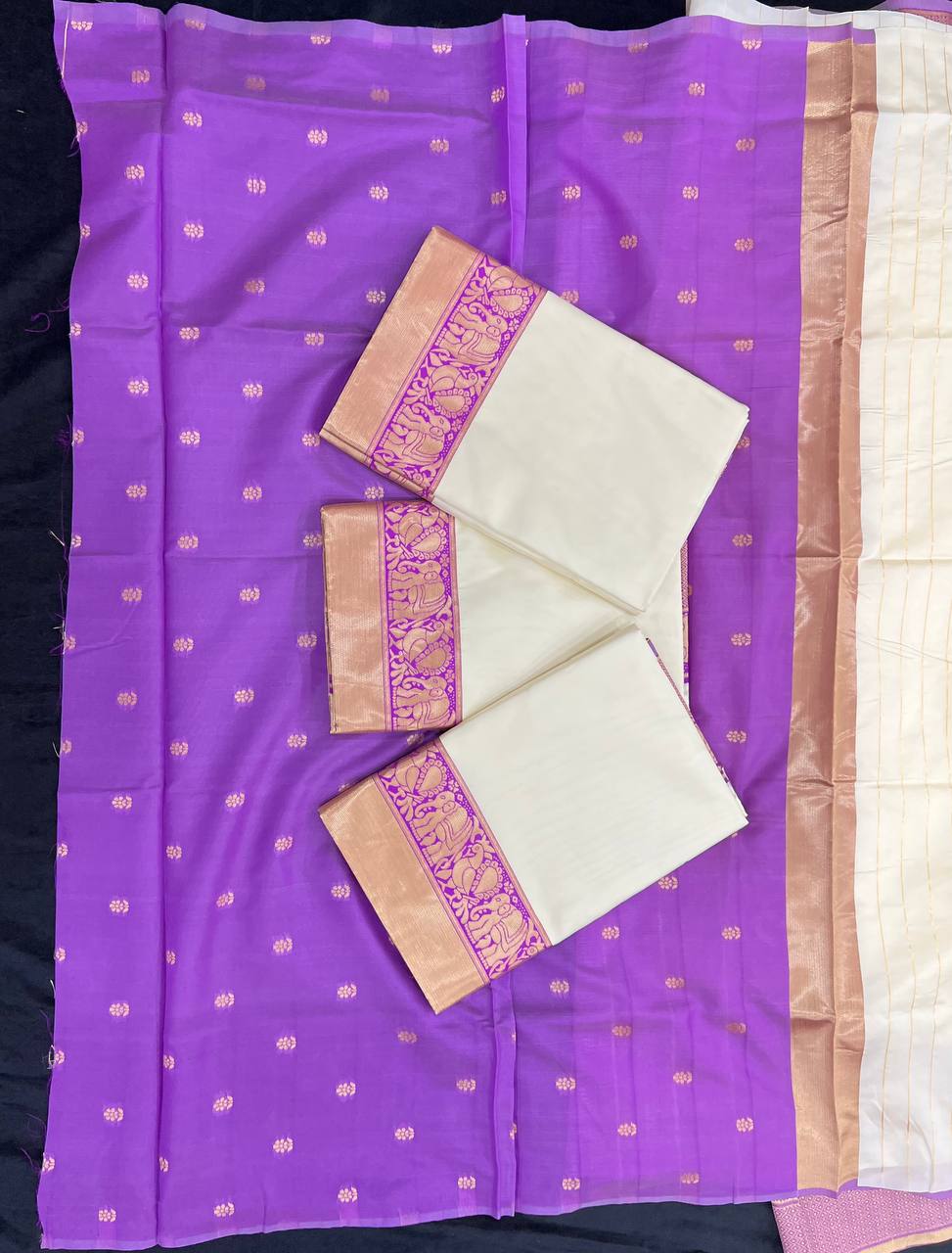 Elegant Off White Silk Saree with Purple Zari Border and Blouse