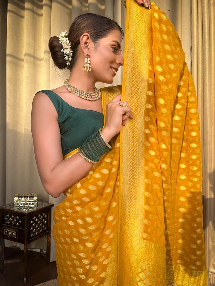 Yellow Banarasi Silk Saree with Green Blouse