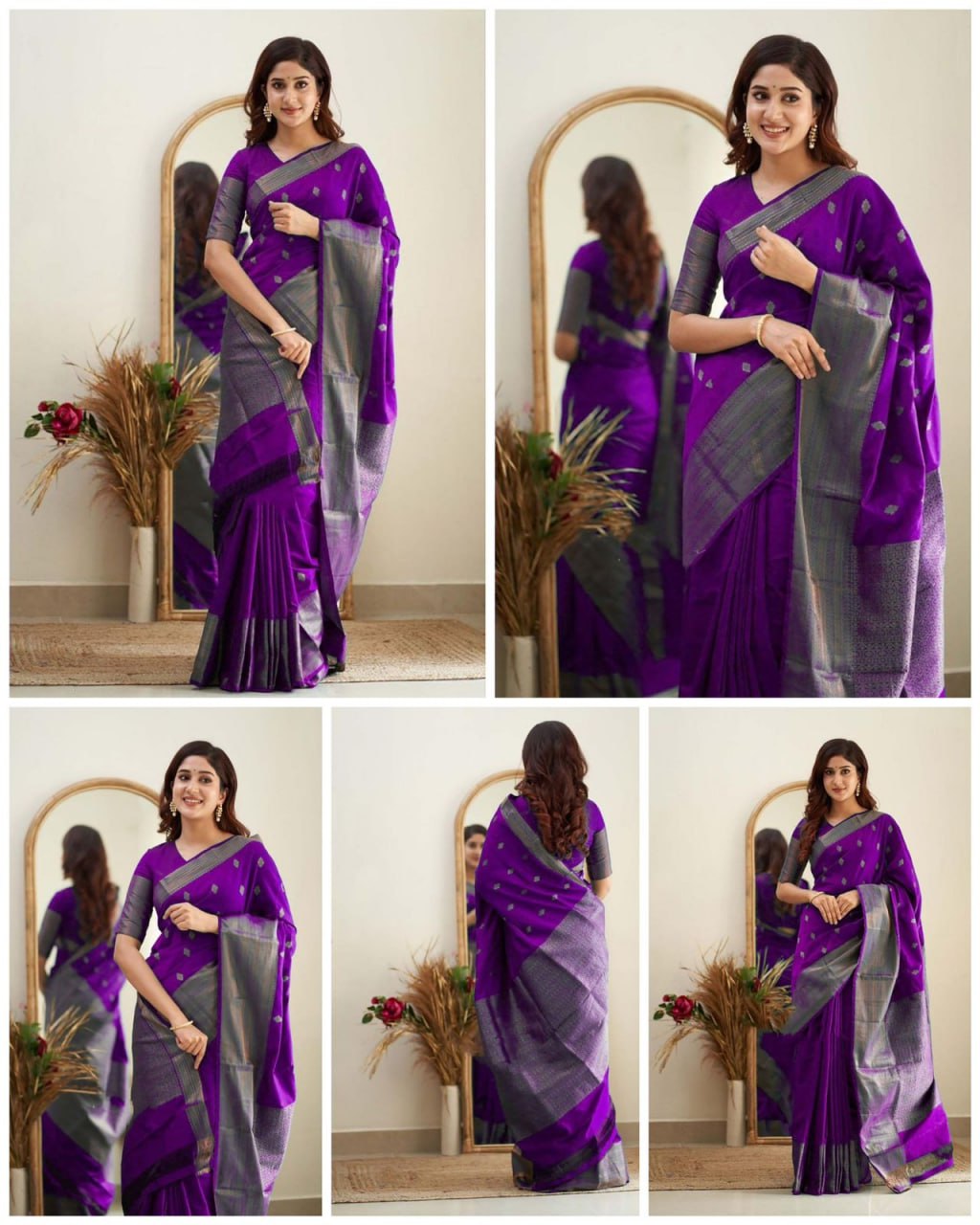 Purple Chanderi Silk Saree with Silver Zari Border and Buti Work