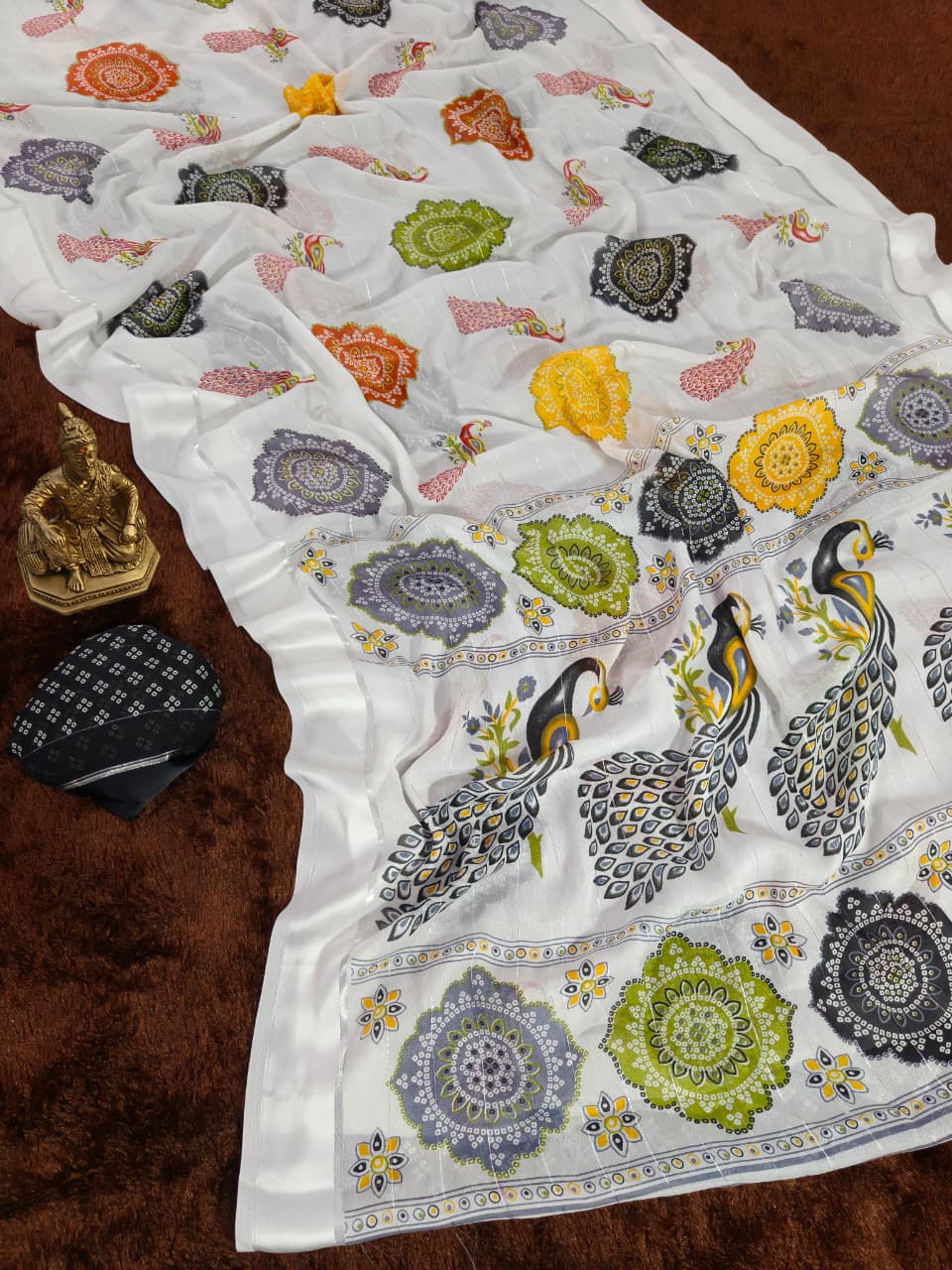 Rajwadi Mor Masakali Blooming Georgette Saree with Bandhej Print & Zari Weave
