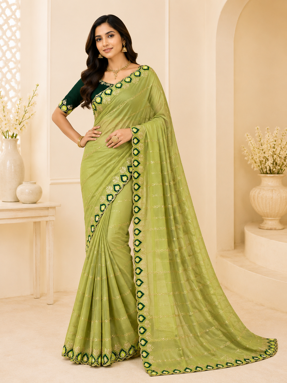 Jhanvi Collection – Premium Star Georgette Saree with Embroidered Border & Contrast Blouse