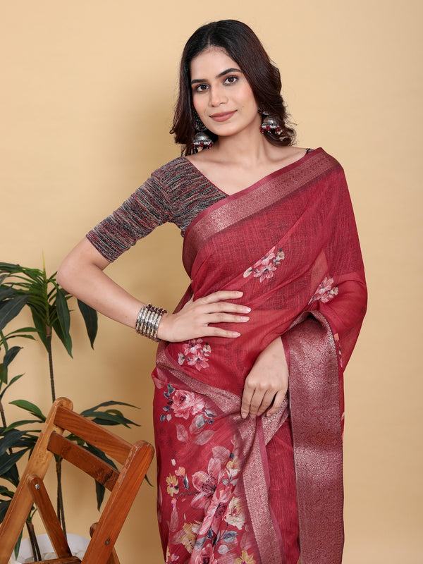 Rose Bloom Heavy Linen Saree with Rich Jacquard Border & Floral Print