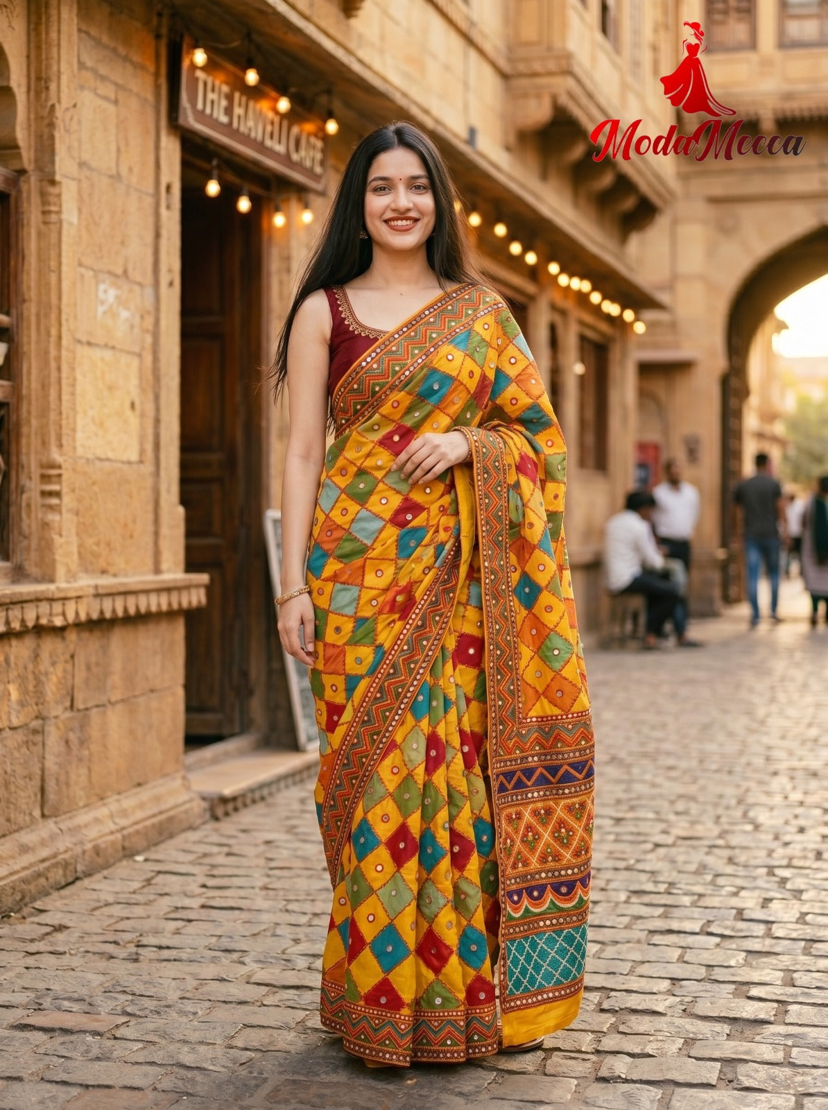 Women's Chamkila Crepe Silk Saree with Rajgharana Digital Print & Mirror Work | Festive Party Wear Saree
