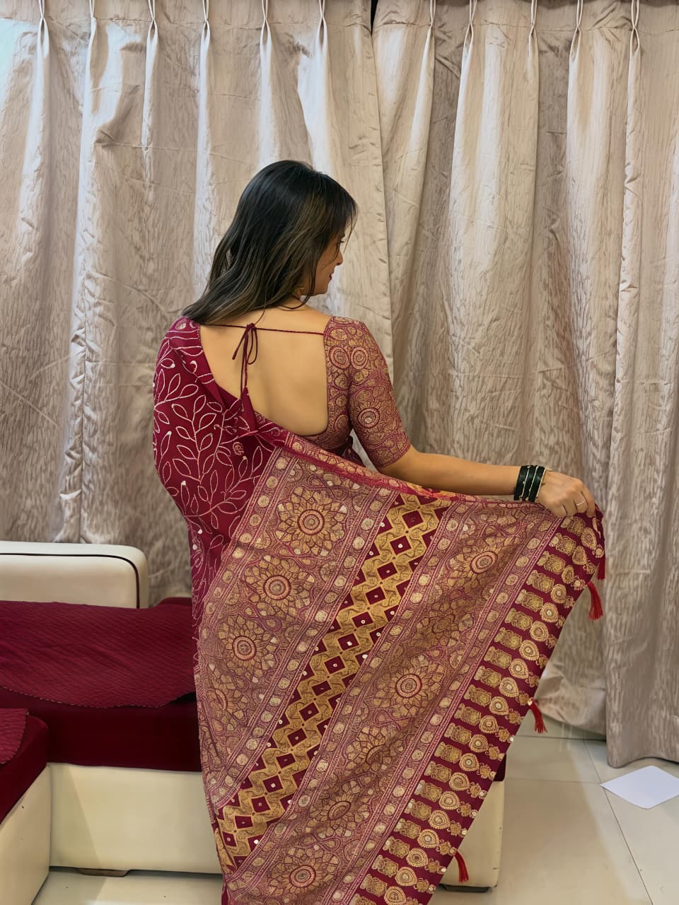 Aaina Vol 4 Satin Viscose Saree with Ethnic Ajrak Print & Mirror Work