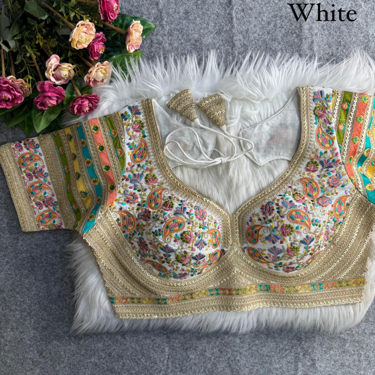 Premium Kashmiri-Inspired Antique Thread Work Blouse – Fox Georgette | Heavy Padded | 38–40
