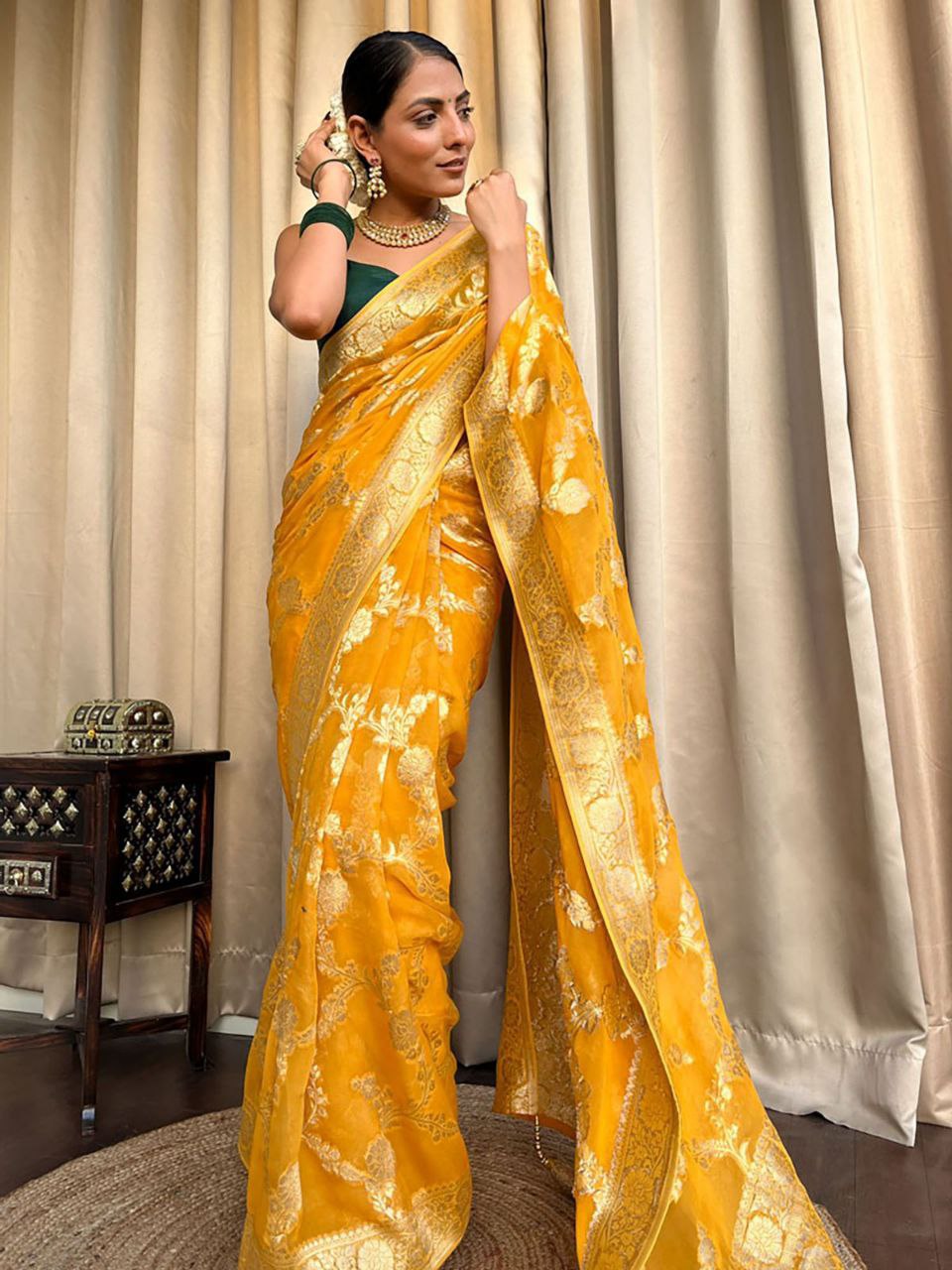 Yellow Banarasi Silk Saree with Golden Floral Weaving and Green Blouse